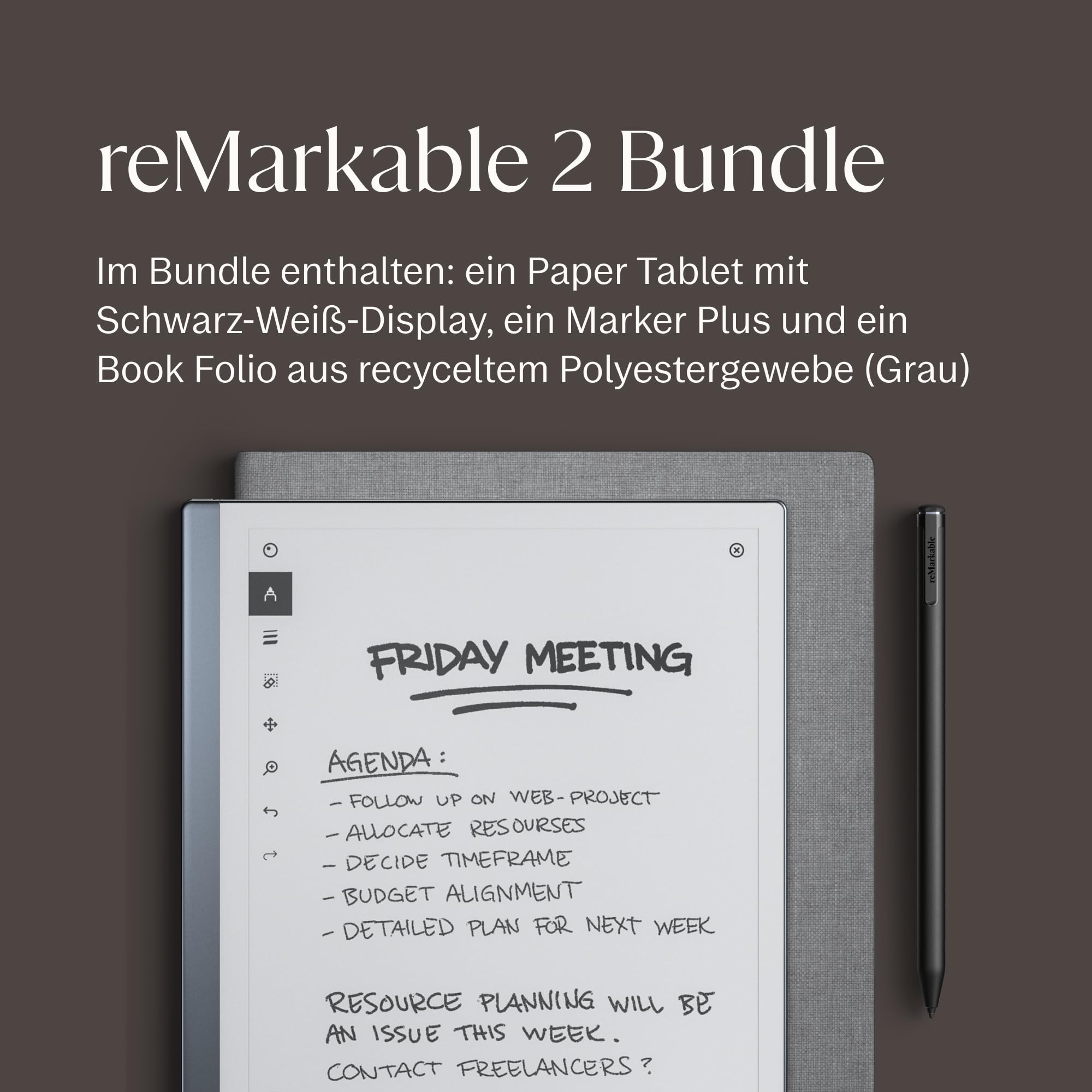 reMarkable 2 Bundle Folio aus Polymergewebe 10,3-Zoll Papier-Tablet Marker Plus Pen mit integriertem Radiergummo Book Folio-Hülle grau
