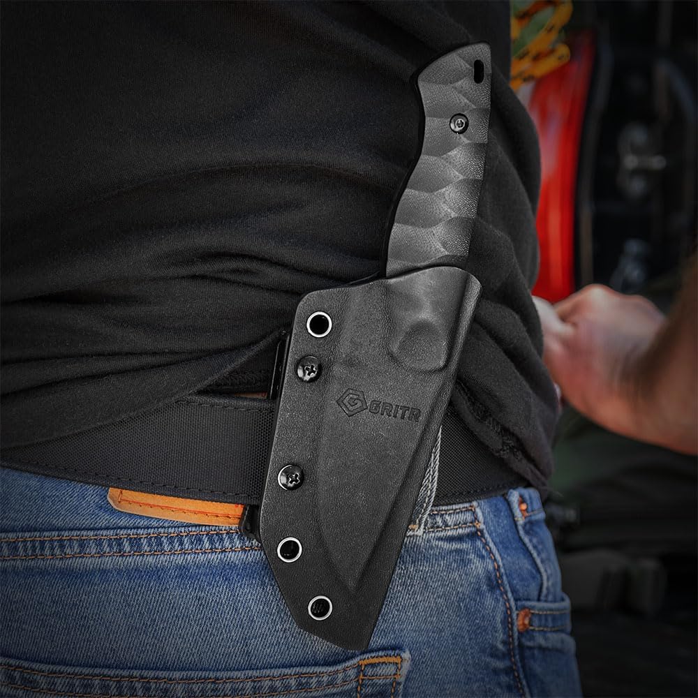 GRITR Scout Fixed Drop Point Blade Full Tang Knife with Ambidextrous Kydex Belt Sheath for Outdoor Camping, Hiking, Hunting, Fishing, Survival | EDC Tactical Gear for Men & Women