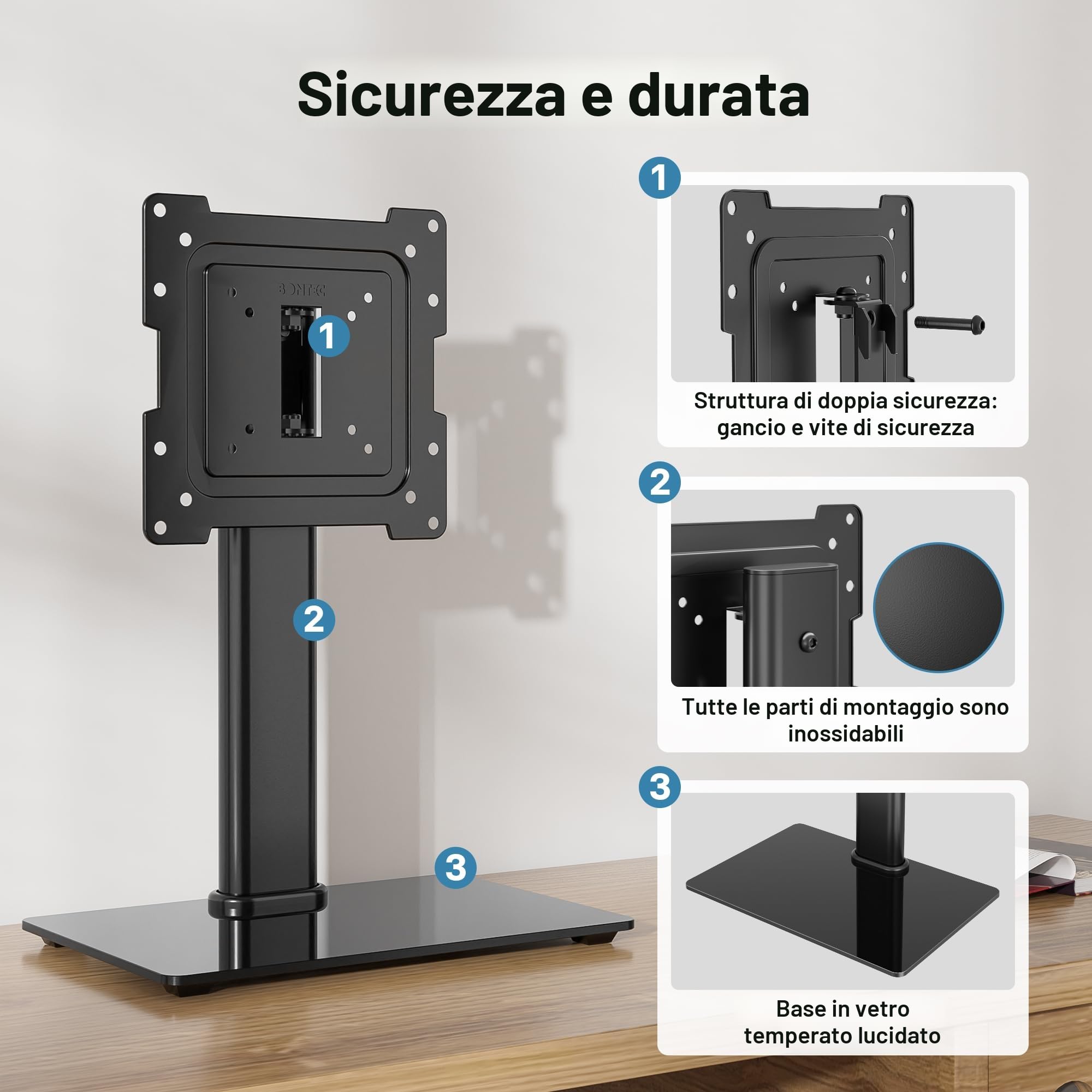 BONTEC Supporto TV da Tavolo per Schermi da 23" a 42", Piedistallo TV Regolabile in Altezza e Rotazione con Base in Vetro Temperato, VESA Max 200x200mm, Fino a 30 kg
