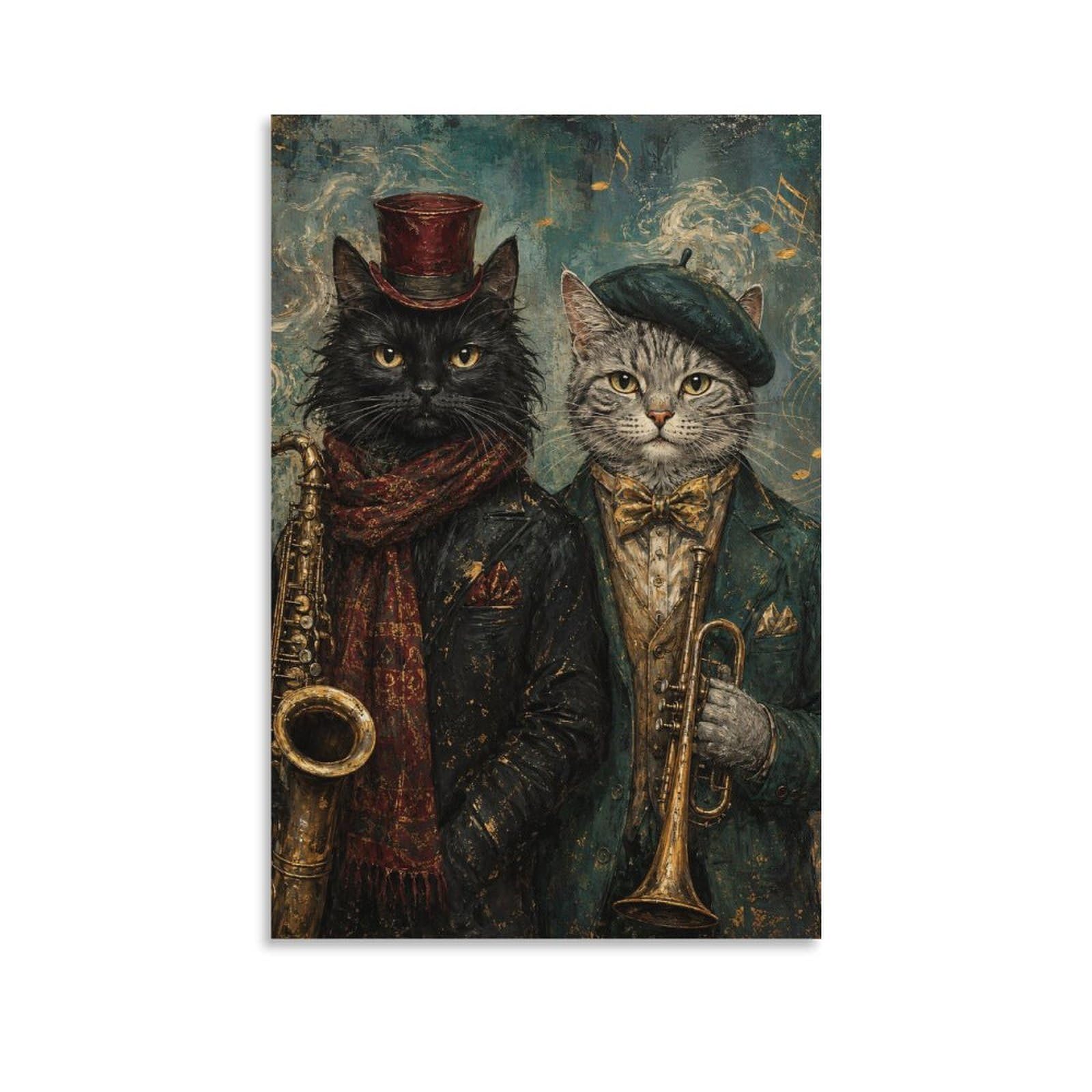 W7C8U2X3 Vintage Musician Cats Canvas Wall Art, Whimsical Cat Wall Art