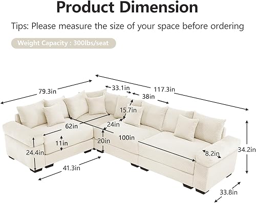Miniatura 2 de Sofá modular de gran tamaño de 117.3 pulgadas, sofás modulares grandes de pana para sala de estar, sofás de 3 plazas, moderno juego de sofá de