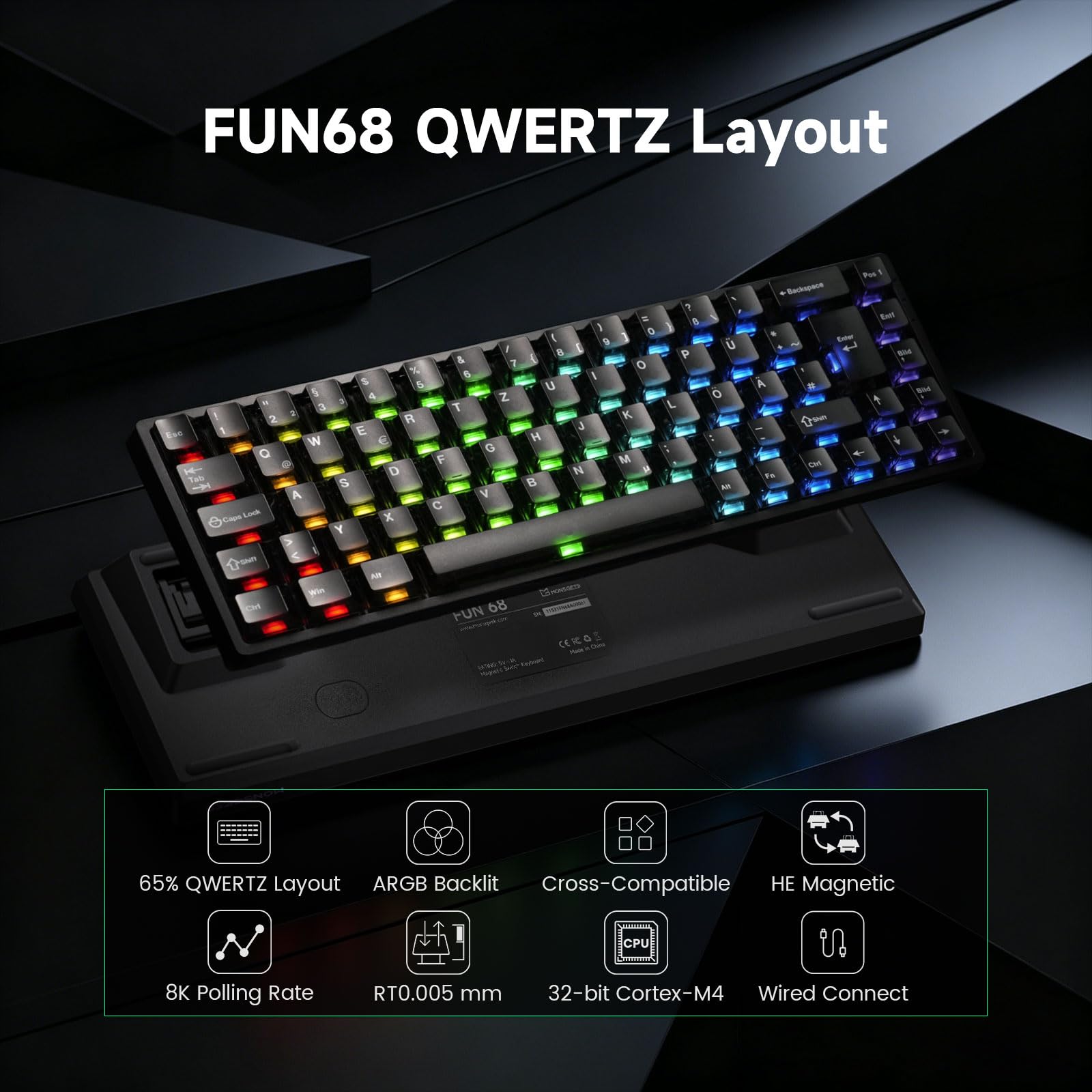MONSGEEK FUN68 HE Teclado 65% Hall Effect 8K QWERTZ ISO-DE Cable | Teclado RGB Gaming, Rapid Trigger, RT0.005mm, 8000Hz, Activación Ajustable, Snap Tap Win/Mac (Negro)