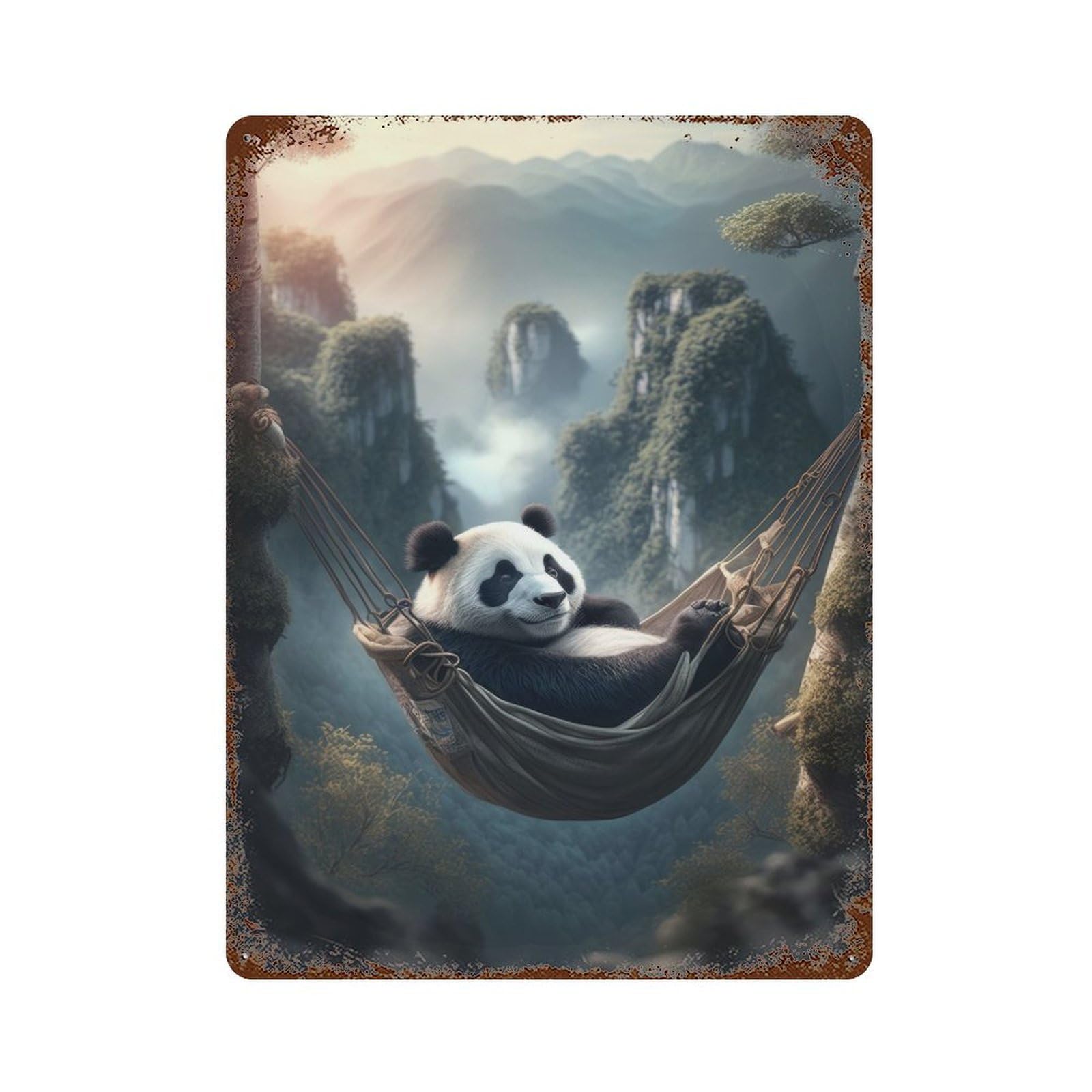 Chilling Panda in Hammock Rust Effect Tin Sign 15.7"x11.8", Ideal for Cafe, Home Bar And Lounge Decor