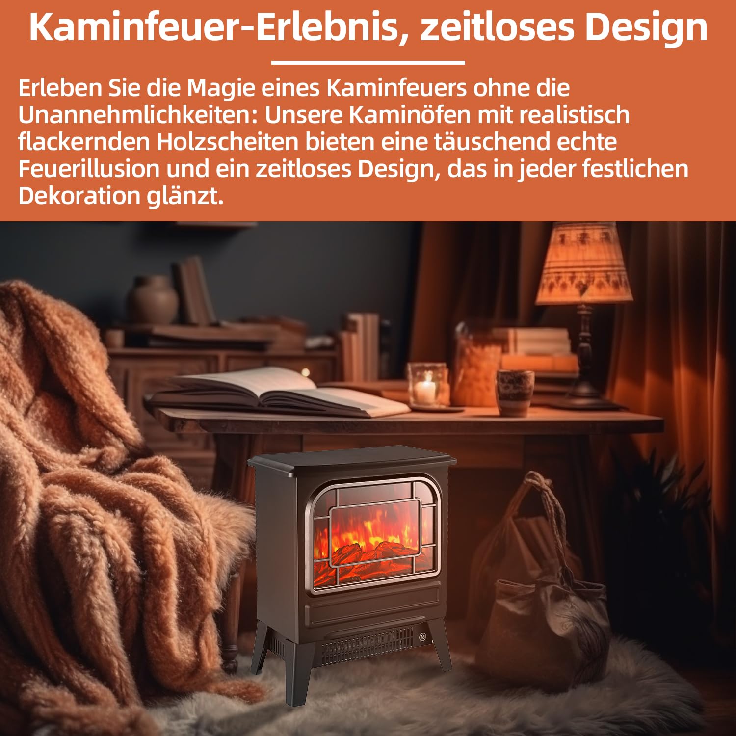 Elektrokamin mit Heizlüfter 1950W Elektro Kamin Elektrischer Heizung LED Kaminfeuer Effekt Kaminofen Flammeneffekt Heizer Ofen geräuscharm regelbar Schwarz