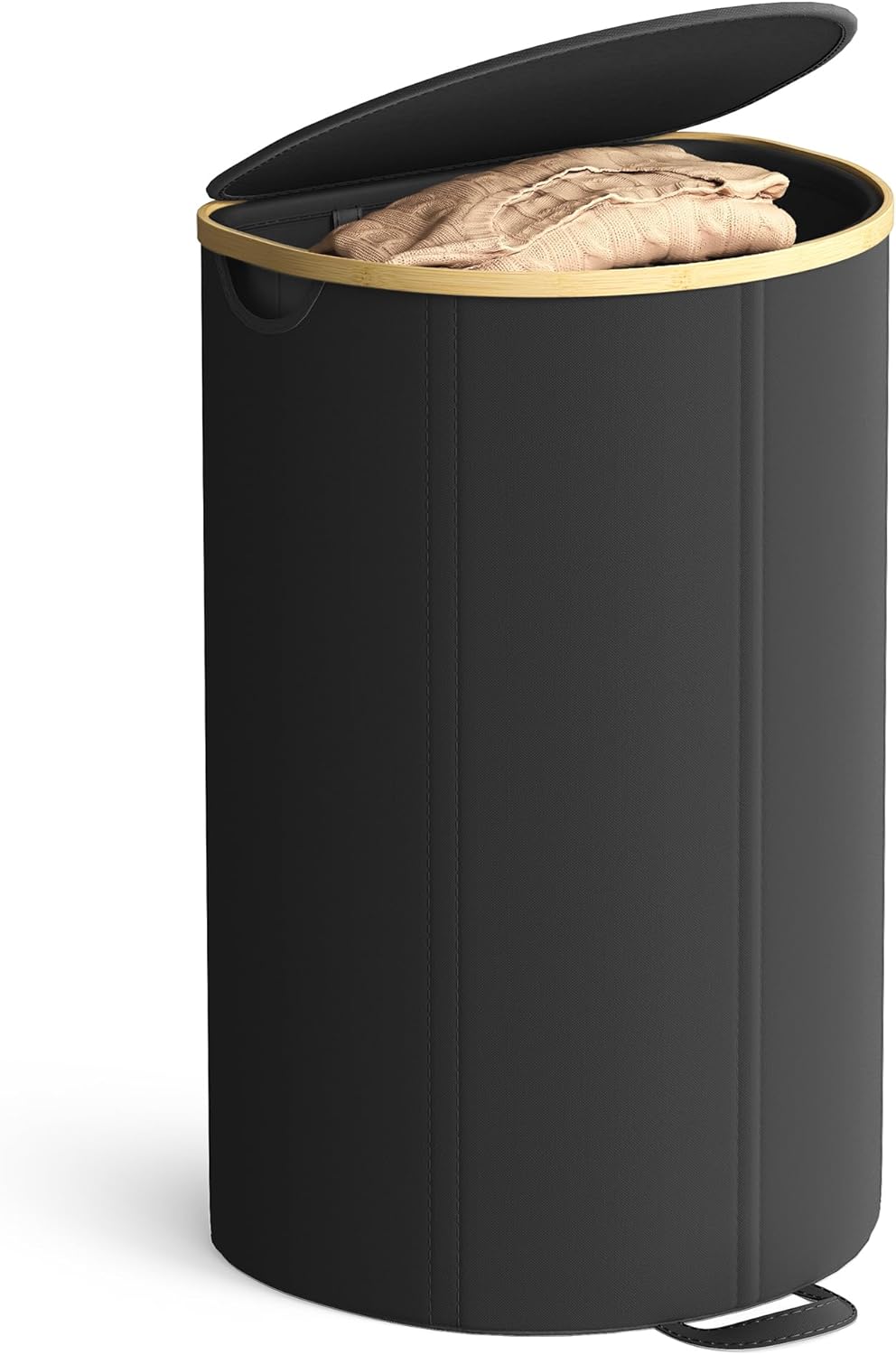 SONGMICS Laundry Hamper, Laundry Basket with Lid, 23.8 Gal. (90 L), with Removable Liner Bag, for Laundry Room, Bedroom, Living Room, Ink Black and Light Bamboo ULCB547B01