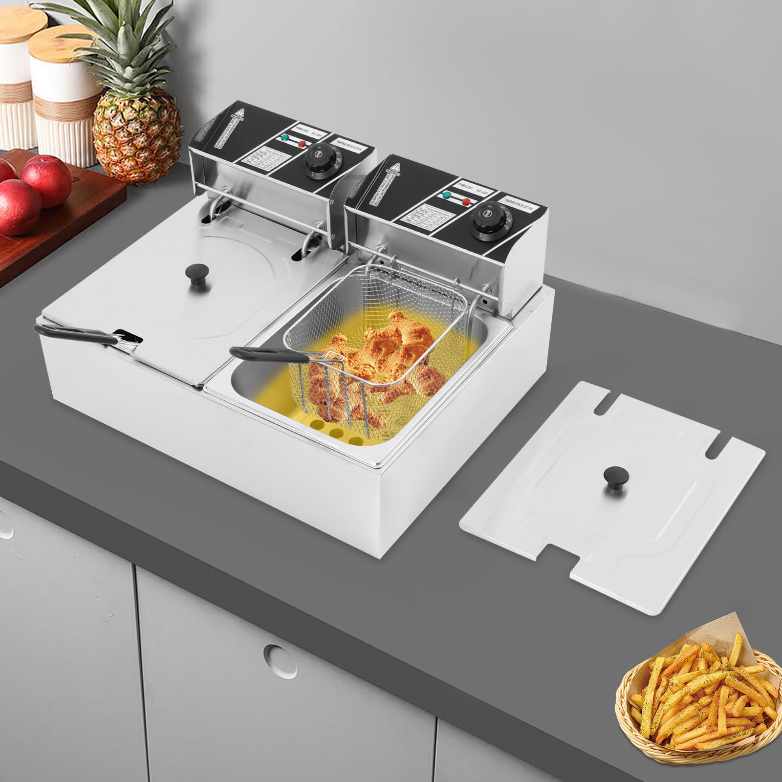 Friggitrice elettrica doppia in acciaio inox, 6+6L, 2,5 KW+2,5 KW, friggitrice commerciale a due contenitori con controllo indipendente della temperatura e 2 cesti filtranti, 55 x 44 x 15 cm