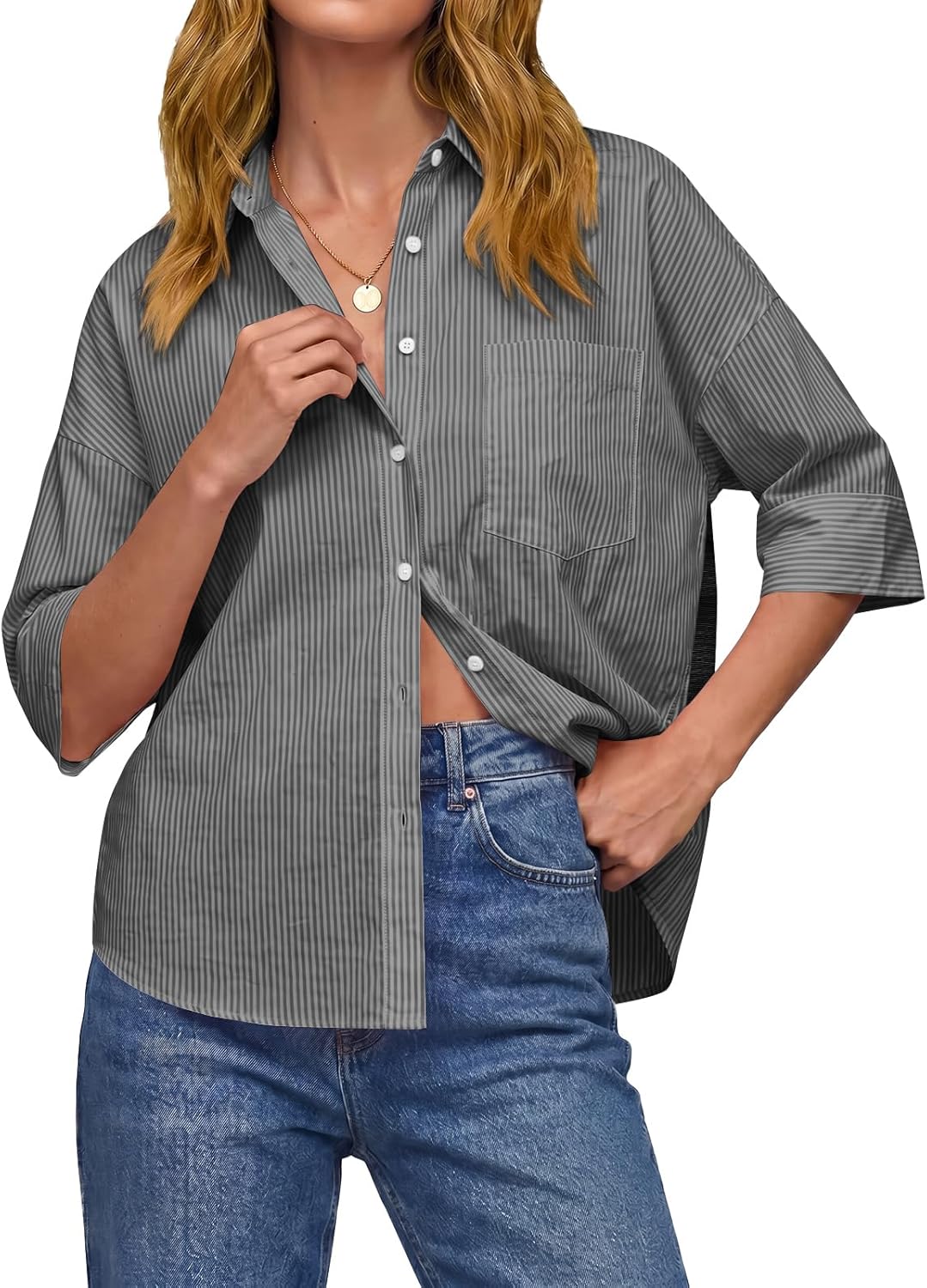 Cicy Bell Womens Summer Oversized Button Down Shirts Half Sleeve V Neck Business Casual High Low Tops Loose Fit Blouses