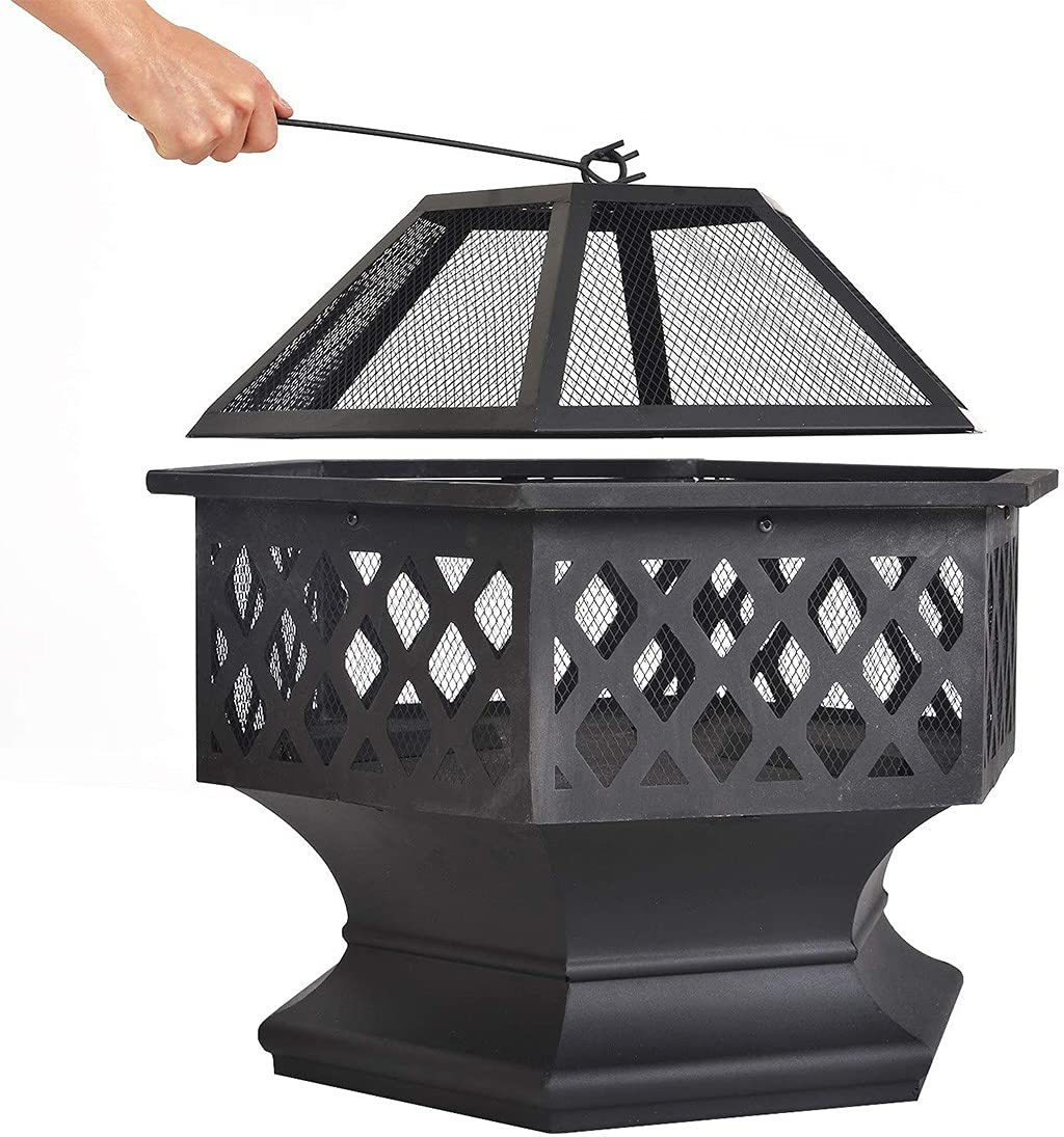 Cuenco de Fuego con Forma Hexagonal, Hoguera Portátil para Chimenea, Hoyo de Leña con Cubierta de Pantalla de Chispa, Mesa de Hoguera de 24 Pulgadas para Madera Exterior