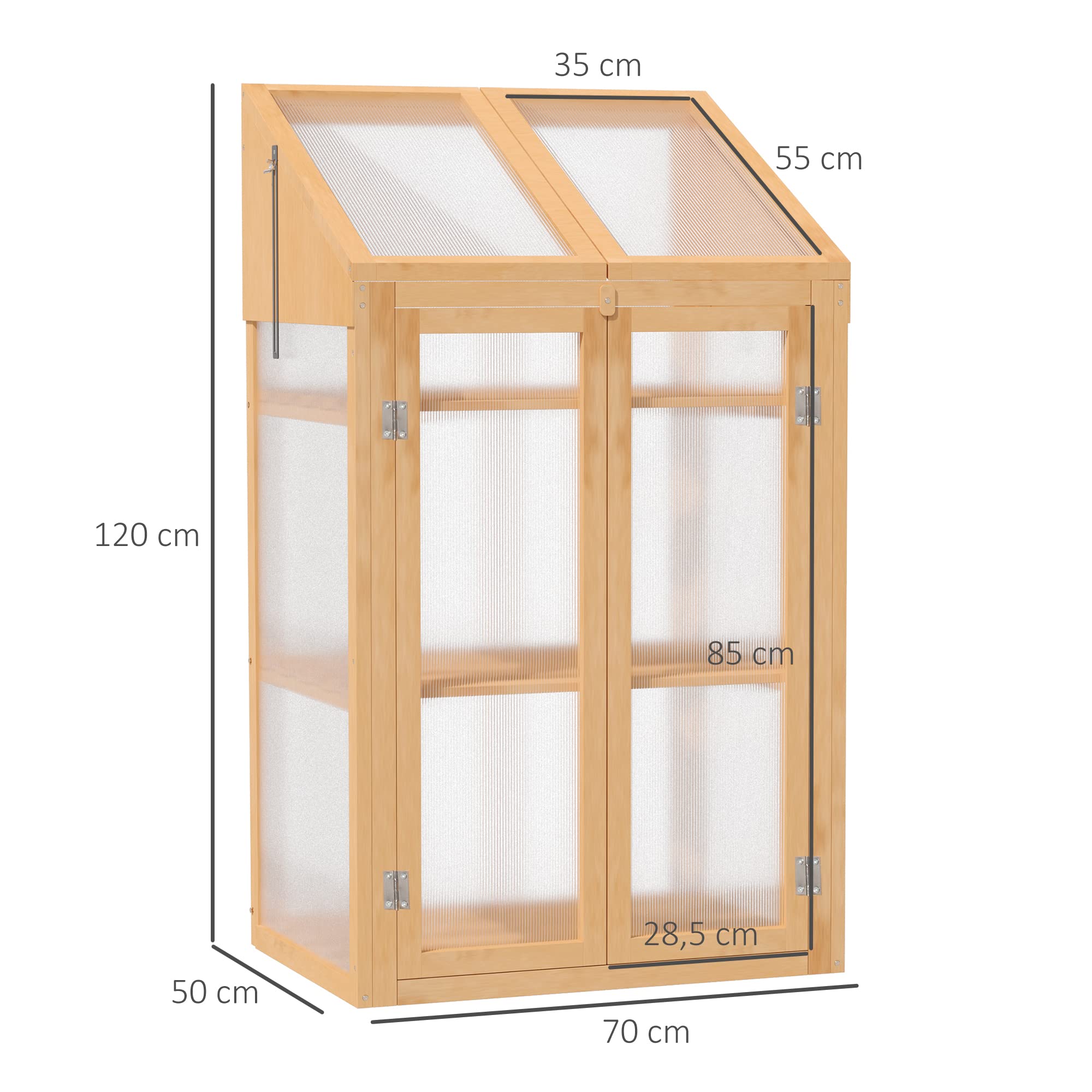 Outsunny Frühbeet aus Holz, Mini Gewächshaus 70 x 50 x 120 cm, Treibhaus mit Abdeckung, Fenster, Doppeltür, lichtdurchlässig Frühbeetkasten mit 3 Regale, Winterfest Hochbeet für Garten, Balkon, Braun