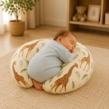 Nursing Pillow for Breastfeeding Newborn Baby | C-Shape Feeding Pillow with Removable Cotton Cover | Tummy Time, Propping & Sitting Support | Baby Feeding Pillow for Mother (GIRAFFE-LEAF)