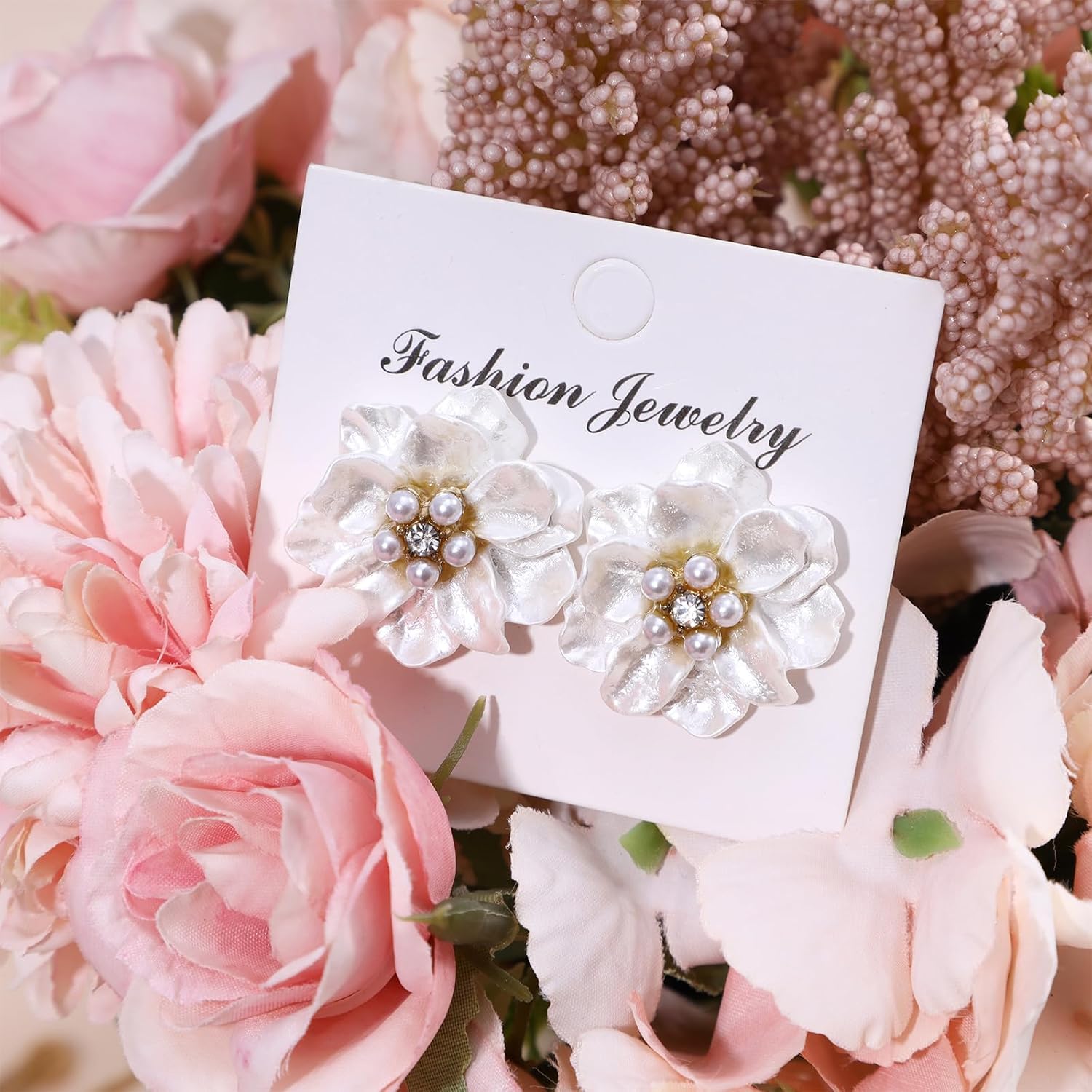 JIEYAO White Pearl Flower Stud Earrings for Women, Boho Floral Pearls Crystal Zirconia Studs Party Birthday Jewelry Gifts - Image 4