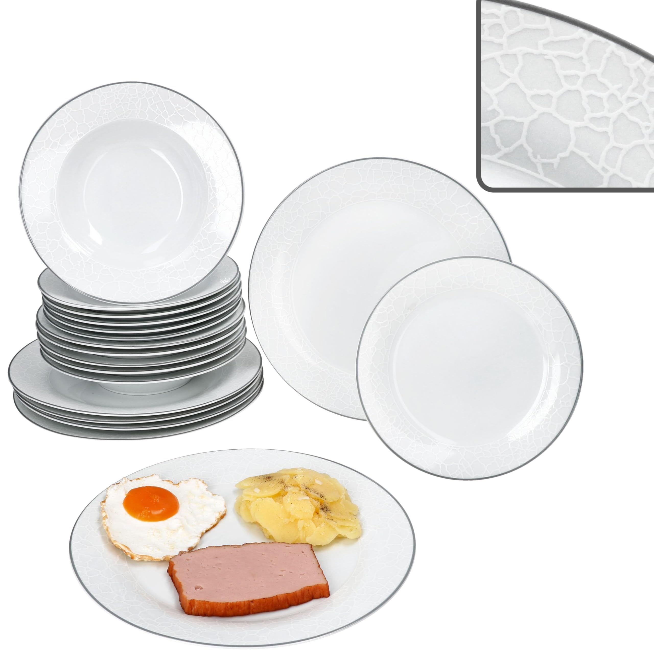 MamboCat Venedig 18tlg Tellerset I weißes Porzellan Geschirr für 6 Personen I je 6x Speiseteller, Suppenteller 180ml & Kuchenteller I Relief in Kieselstein-Optik