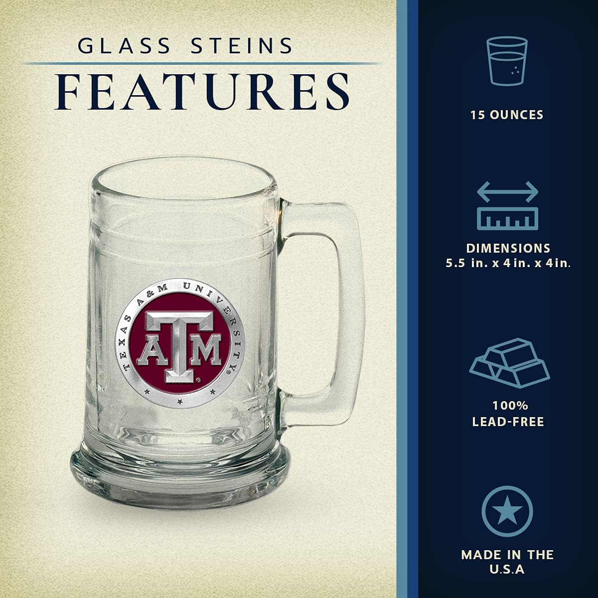 Heritage Pewter Texas A&M Stein Glass | 15 Ounce German-Style Beer Glass | Intricately Crafted Metal Pewter Alma Mater Inlay