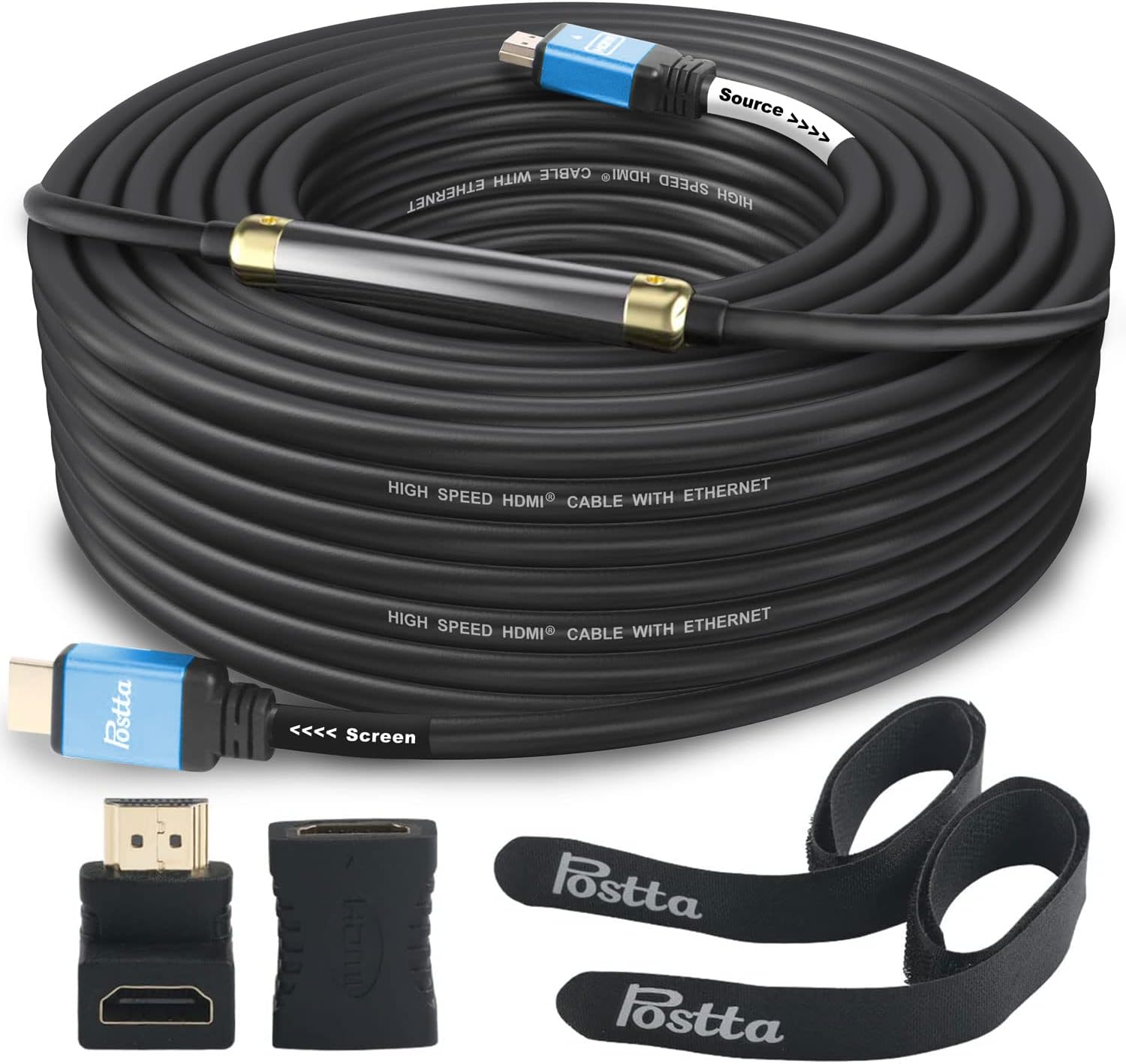 Postta HDMI Cable 75 Feet with Built-in Signal Booster HDMI 2.0V Cable with 2 Piece Cable Ties+2 Piece HDMI Adapters Support 3D,1080P,Ethernet,Audio Return-Blue