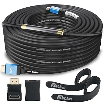 HDMI Cable 100 Feet with Built-in Signal Booster-Postta HDMI 2.0V Cable with 2 Piece Cable Ties+2 Piece HDMI Adapters Support 3D,1080P,Ethernet,Audio Return & Ultra HD-Blue