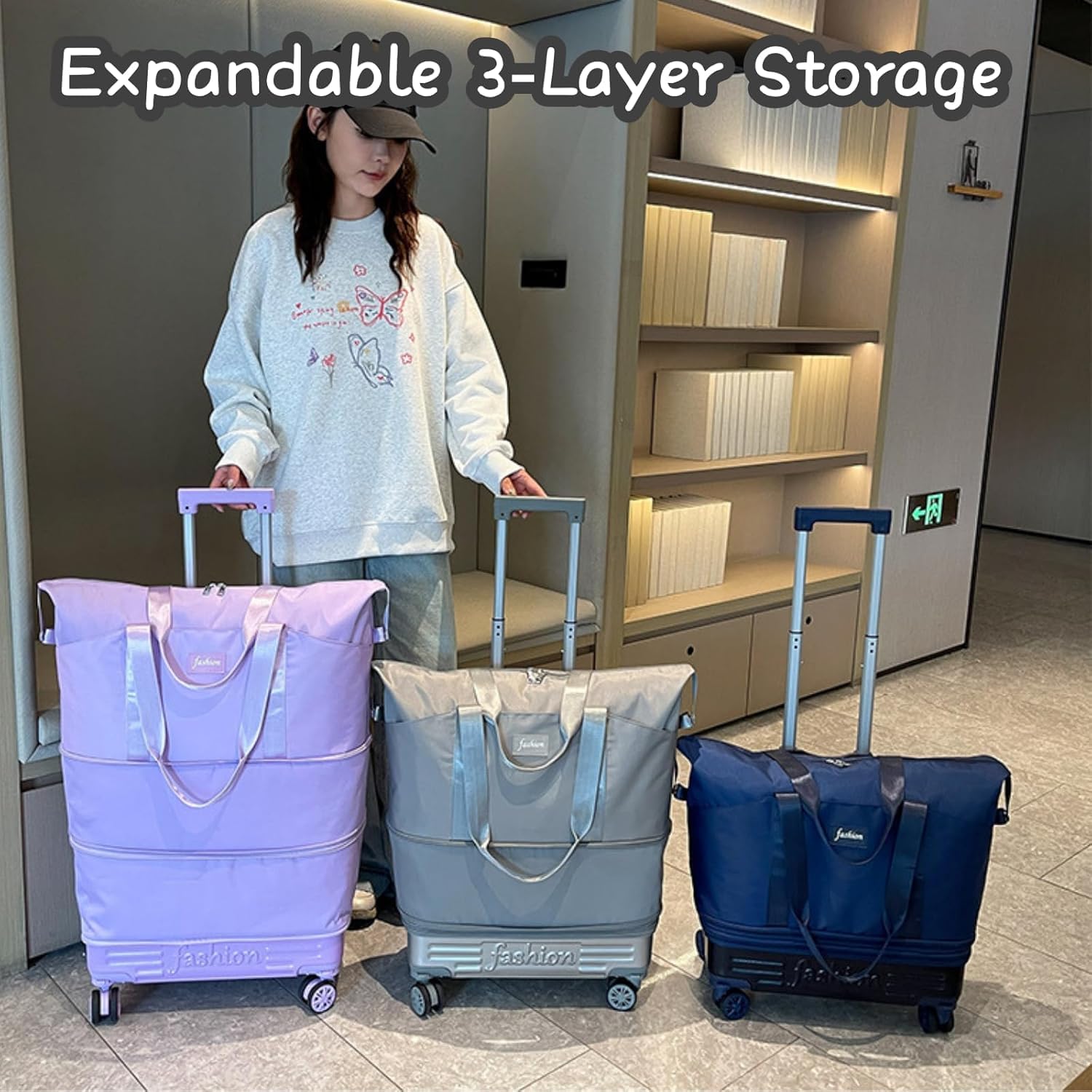Reisetasche mit Rollen,Reisetaschen Großer Damen/Herren Sporttasche mit Abnehmbaren Krawattenstangen,Weekender die Sich in DREI Verschiedene Formen verwandeln lässt (Schwarz)