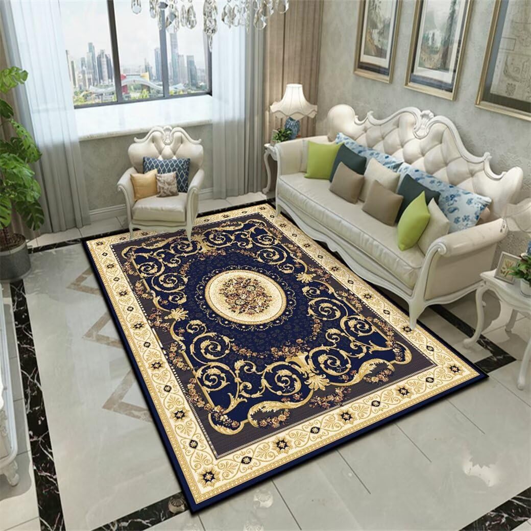Tapis salle a manger bleu confortable et doux au motif floral 100x160