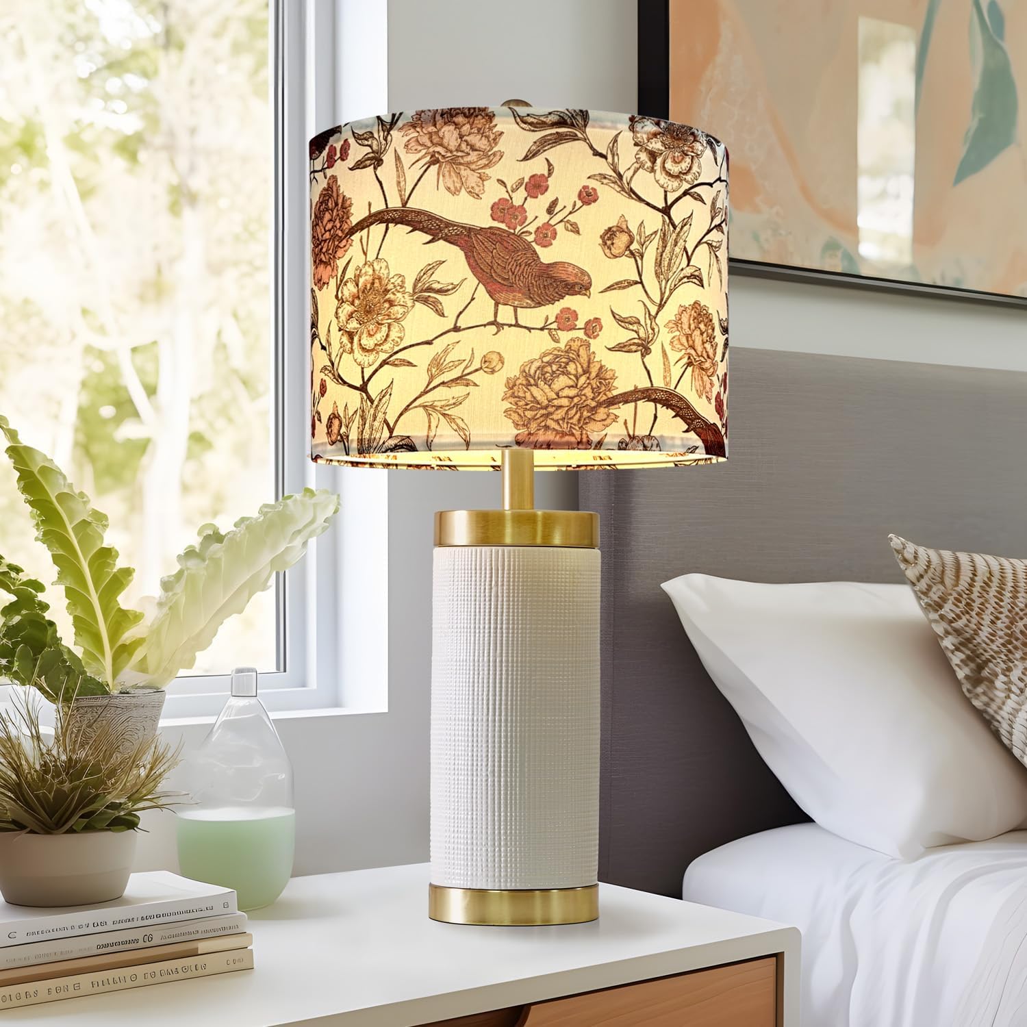 Drum Lamp Shades,13"Top x 13"Bottom x 10"High (Spider) Red Magpies and Flowers Pattern Fabric Lamp Shades,for Table Lamps Floor Lamps, Farmhouse Lampshades Replacement, Assembly Required