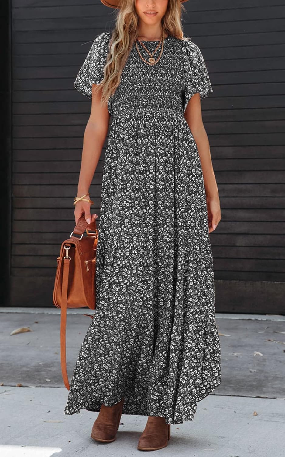 PRETTYGARDEN Women's 2026 Spring Casual Flutter Short Sleeve Boho Floral Maxi Dress Crew Neck Smocked Tiered Long Dresses - Image 4