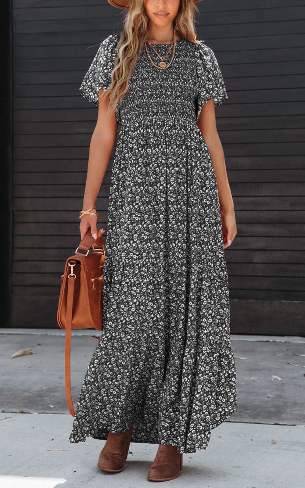 PRETTYGARDEN Smocked Top Summer Dresses for Women 2026 Short Sleeve Floral Maxi Dress for Women Maxi Abito Primaverile con Maniche a Volant per Le Donne in Spiaggia e Vacanze Donna (Pacco da 1)
