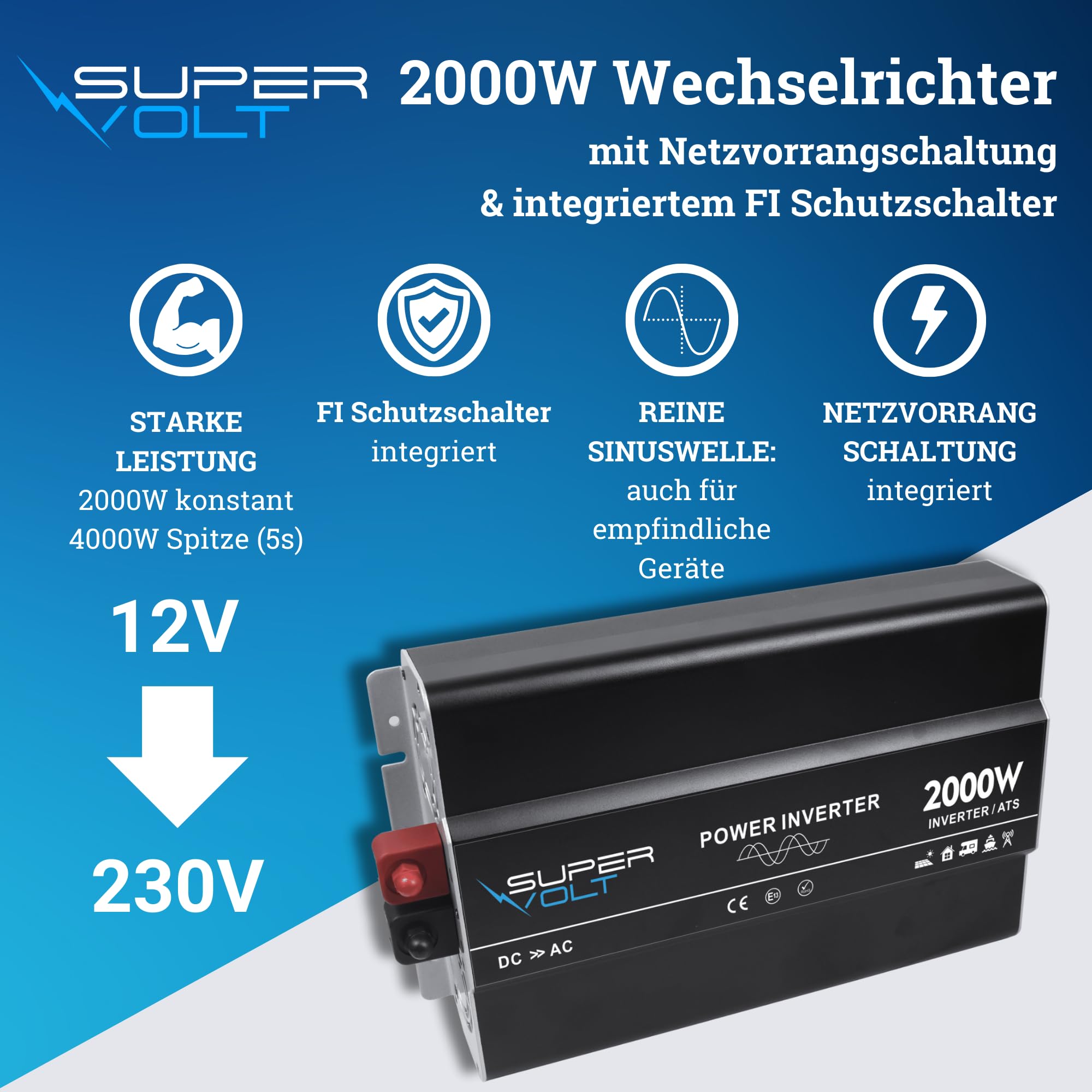 Wechselrichter 12V auf 230V 2000W Reiner Sinus mit Netzvorrangschaltung & FI-Schutz | Für empfindliche Geräte | Mit Fernbedienung, USB & Schuko-Dosen | Ideal für Wohnmobil, Boot, Offgrid