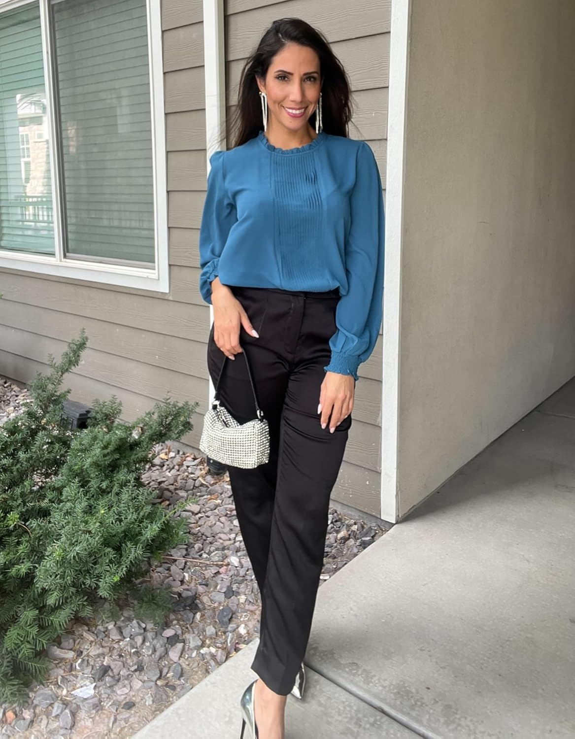 Aifer Womens Frill Mock Neck Puff Long Sleeve Blouses Dressy Pleated Front Work Shirts Business Casual Spring Tops - Image 2