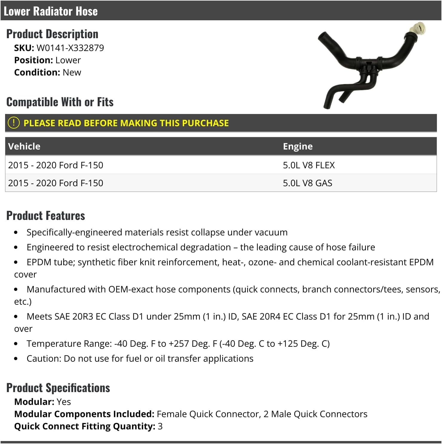 Lower Radiator Hose - Compatible with 2015-2020 Ford F-150 5.0L V8