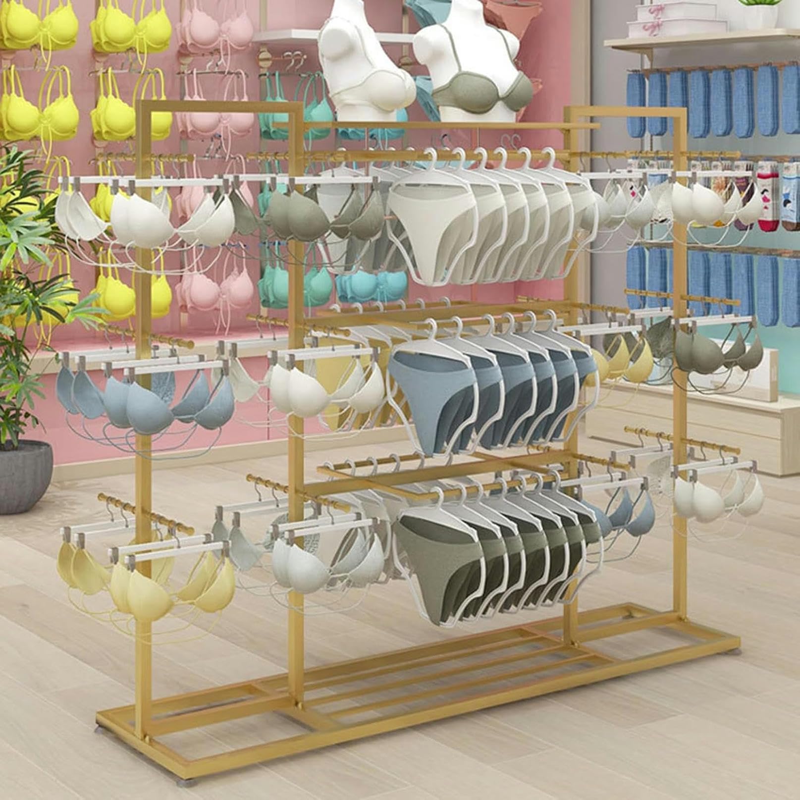 CGCSYZ Metal Underwear Display Stand for Retail Stores - Bra Panty Socks Storage Rack with Clothing Hangers for Farmers Markets and Shopping Malls (Gold 150x40x135cm)