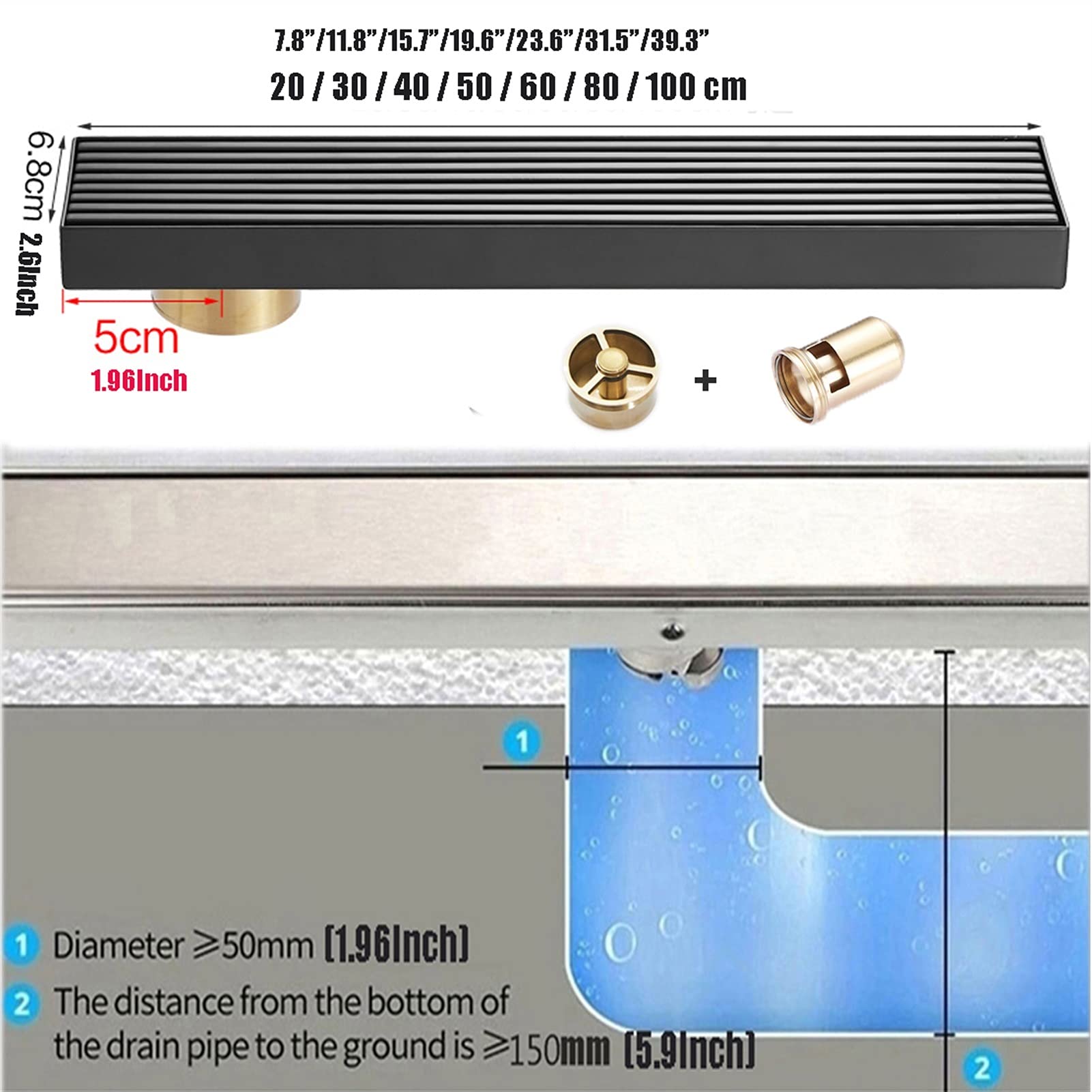 Odpływ liniowy SUS304 | Czarny 20-100cm Do łazienki: kuchnia, balkon, garaż, piwnica, toaleta(100cm(39.3''))