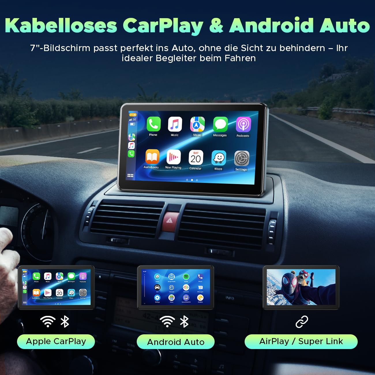 LAMTTO Pantalla Inalámbrica Carplay para Coche con Carplay y Android Auto Inalámbrico 7 Pulgadas Pantalla Coche Portátil Radio Car Play con Bluetooth/Mirror Link/Asistencia de Voz/Navegación/FM/AUX