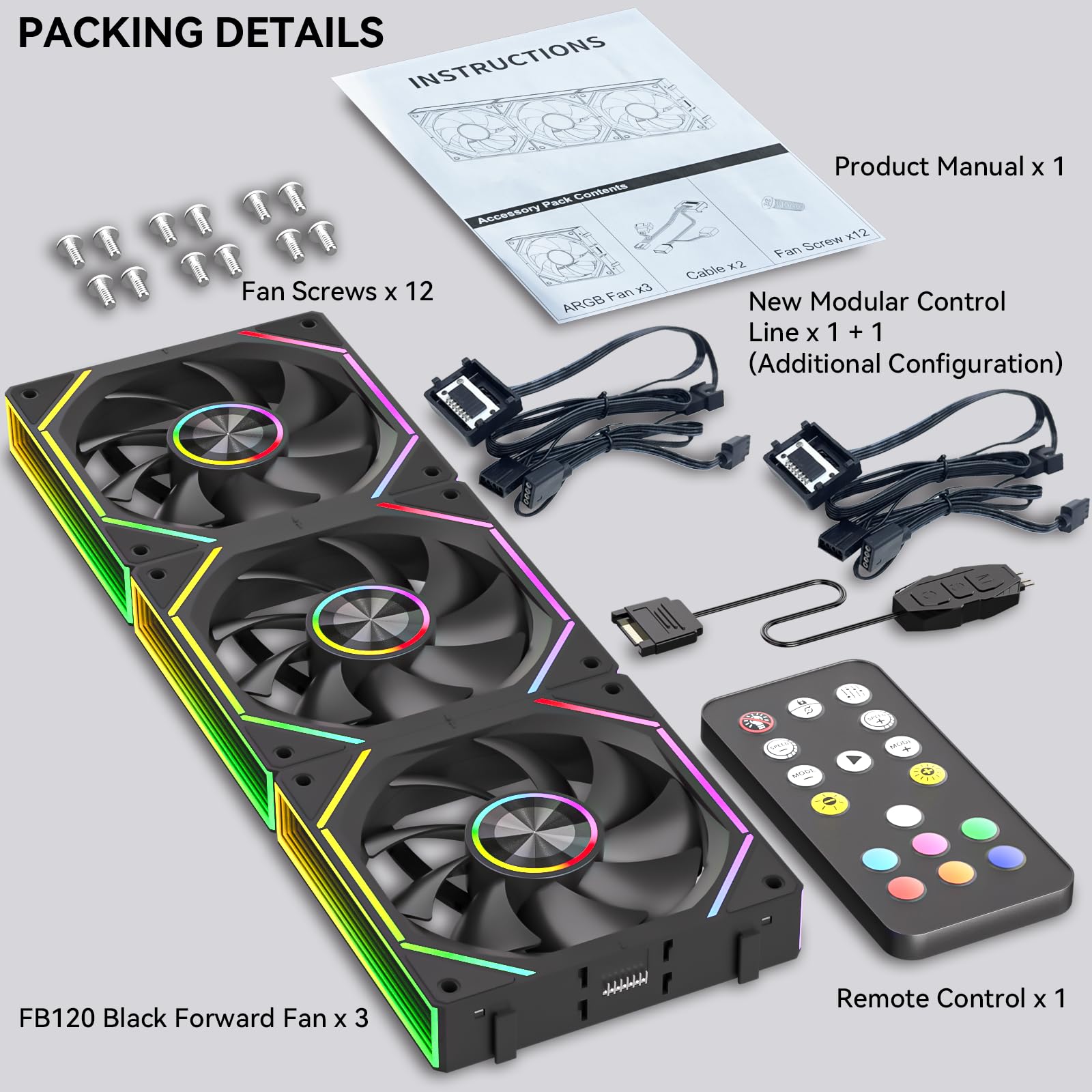 FB120 - Confezione da 3 ventole ARGB per case PC, 120 mm, design senza fili, design a margherita, colori a specchio infinito da 16,8 m, con telecomando, controllo della velocità PWM, flusso