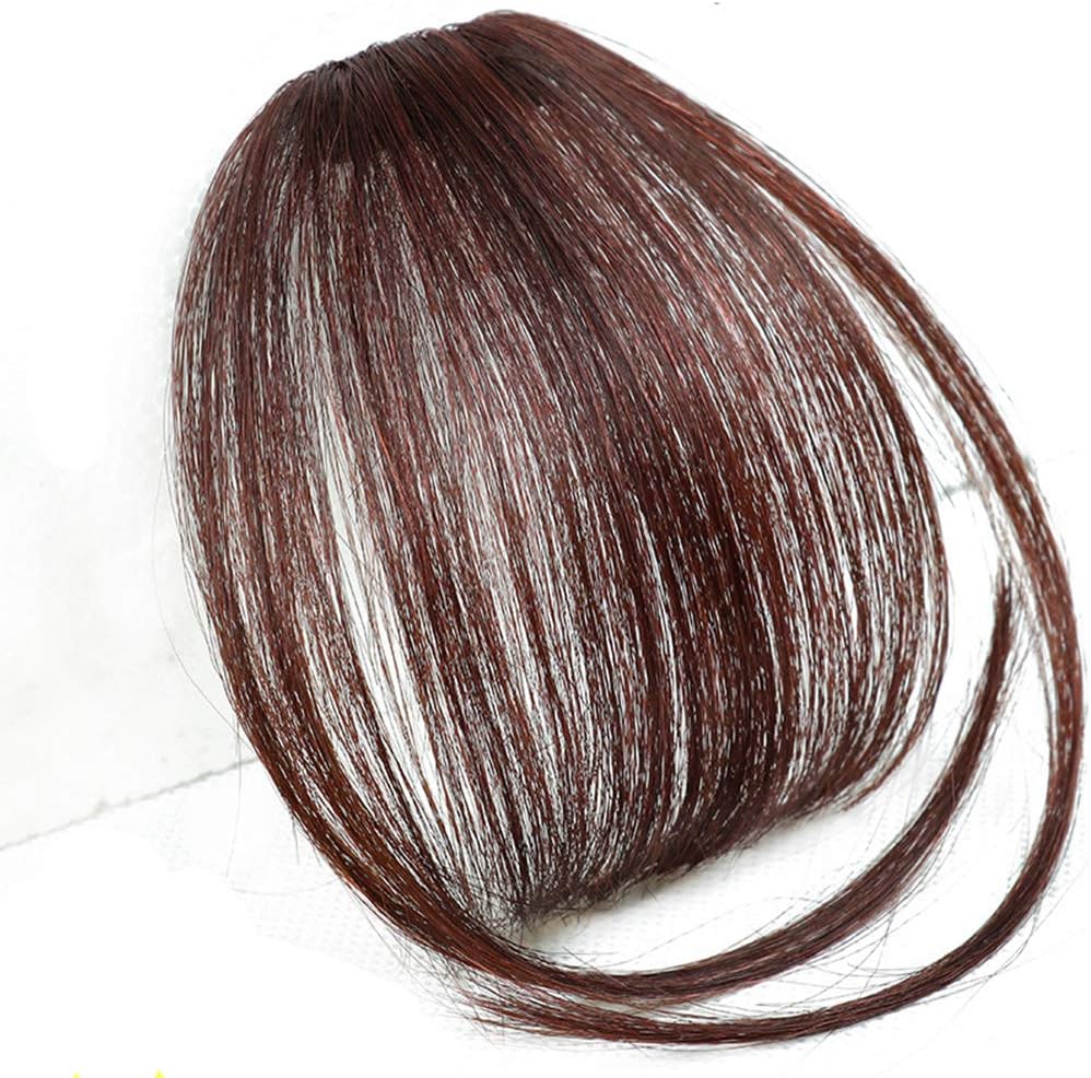 Clip in Air Bangs Remy Human Hair Extensions One Piece Front Neat Air Fringe Hand Tied Straight Flat Bangs Clip on Hairpiece for Women Red Dark Brown