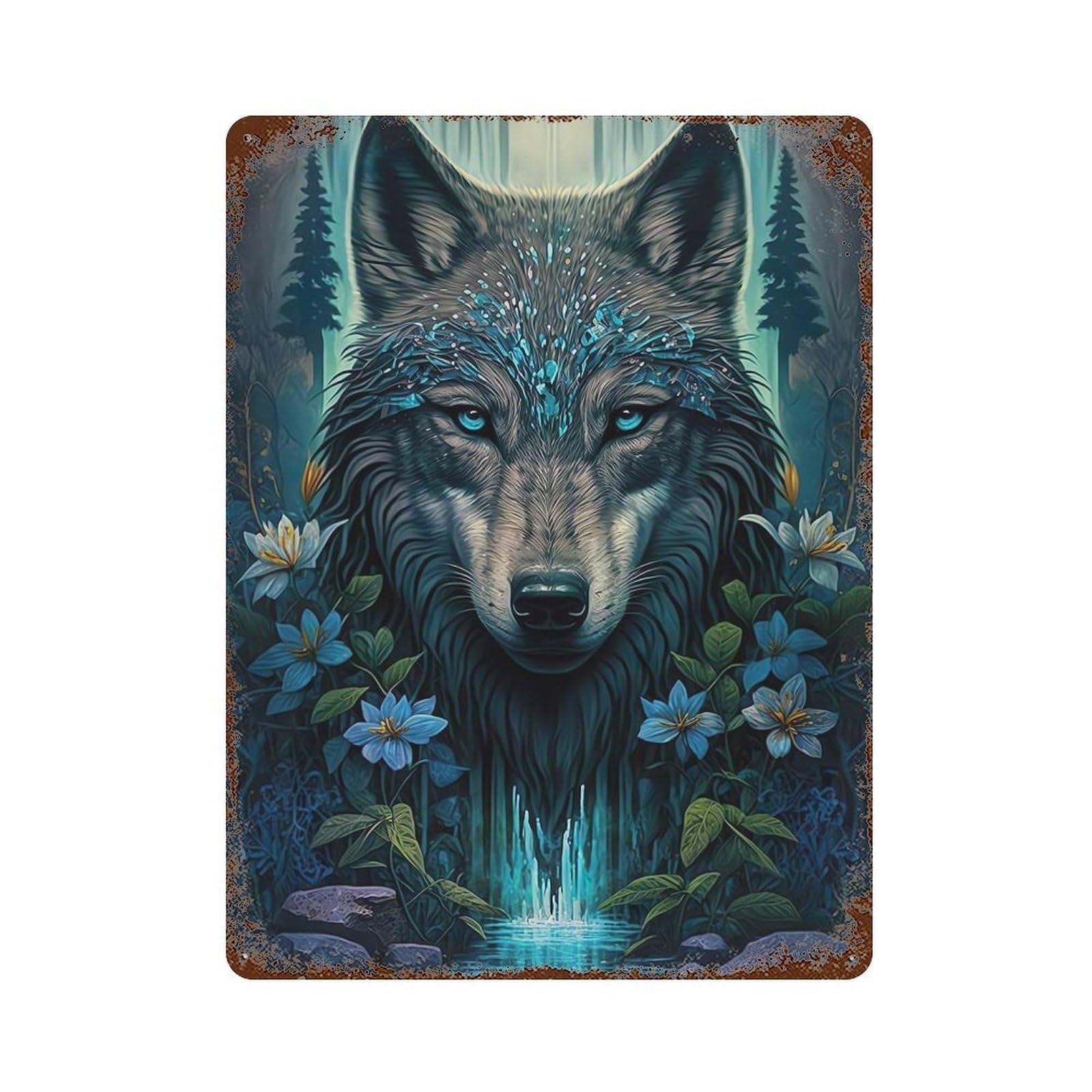 Mandala Wolf in Jungle Rusty Metal Tin Sign 15.7"x11.8", for Shed, Workshop And Garage Wall Decor, Shabby Chic Decor