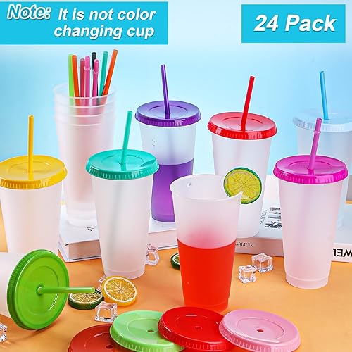 Miniatura 4 de LEIFEOSH Paquete de 24 vasos de plástico con tapas y popote, vasos reutilizables con tapas y pajillas, vasos transparentes para bebidas frías, café