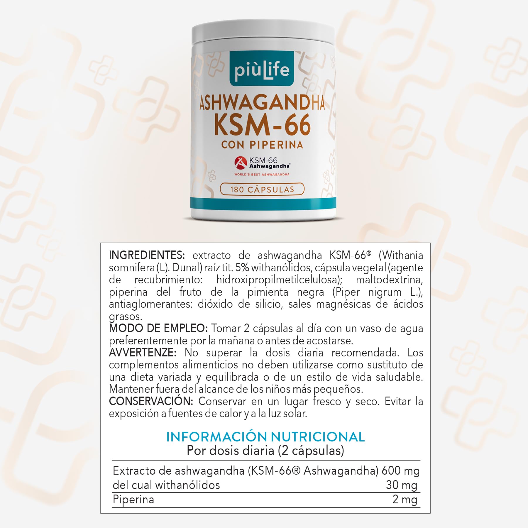 Ashwagandha KSM-66 600mg PiùLife, 180 Cápsulas, Extracto De Raíz Withania Somnifera 5% Withanólidos, Ashwagandha Con Pimienta Negra, Estrés Y Bienestar Mental, De Agricultura Ecológica
