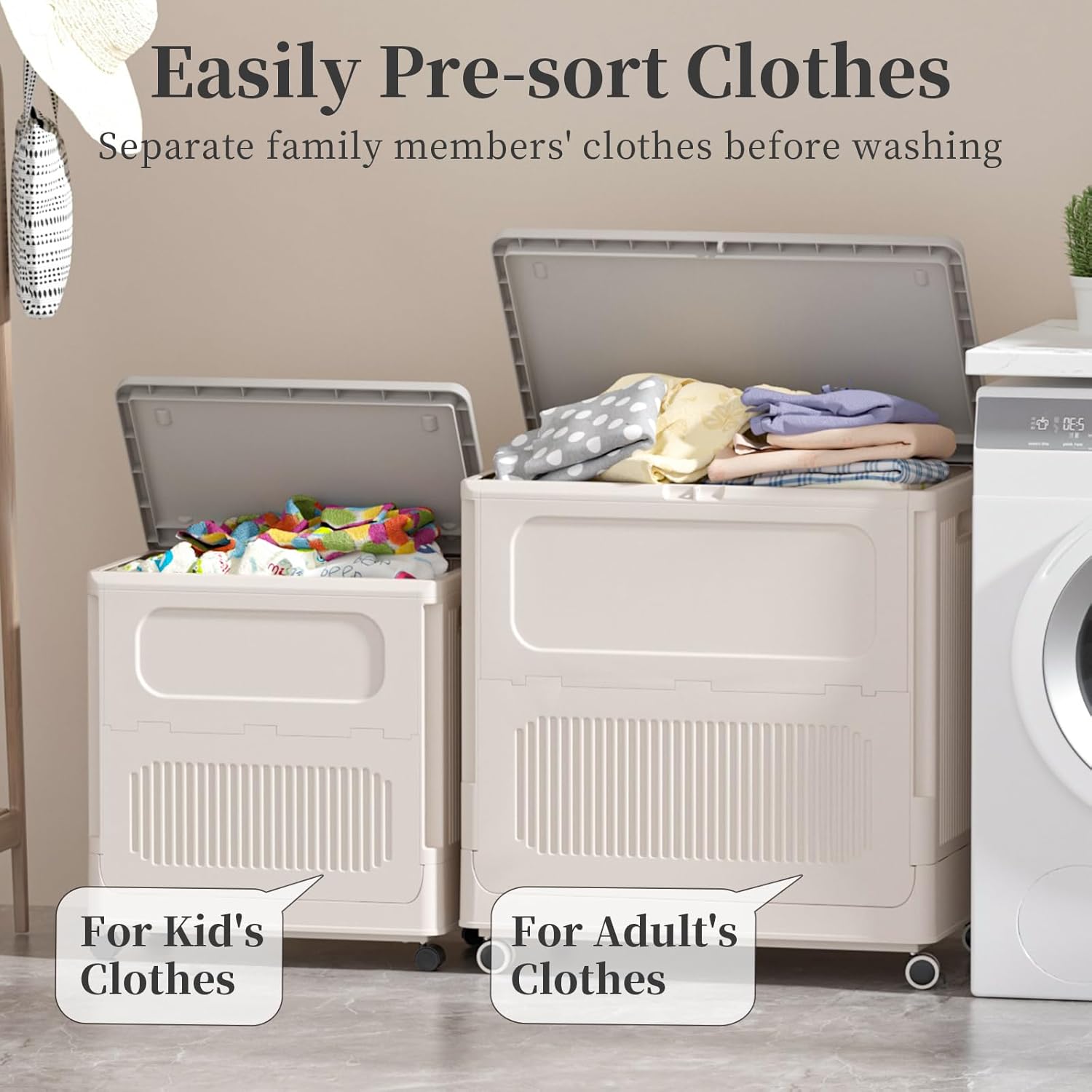 HAIXIN Flip-top Storage Bin with Lid - 60 QT Plastic Storage Box with Wheels 14.8 Gal Stackable Closet Organizer for Clothes Blanket Movable Storage Organization for Laundry, Cream White