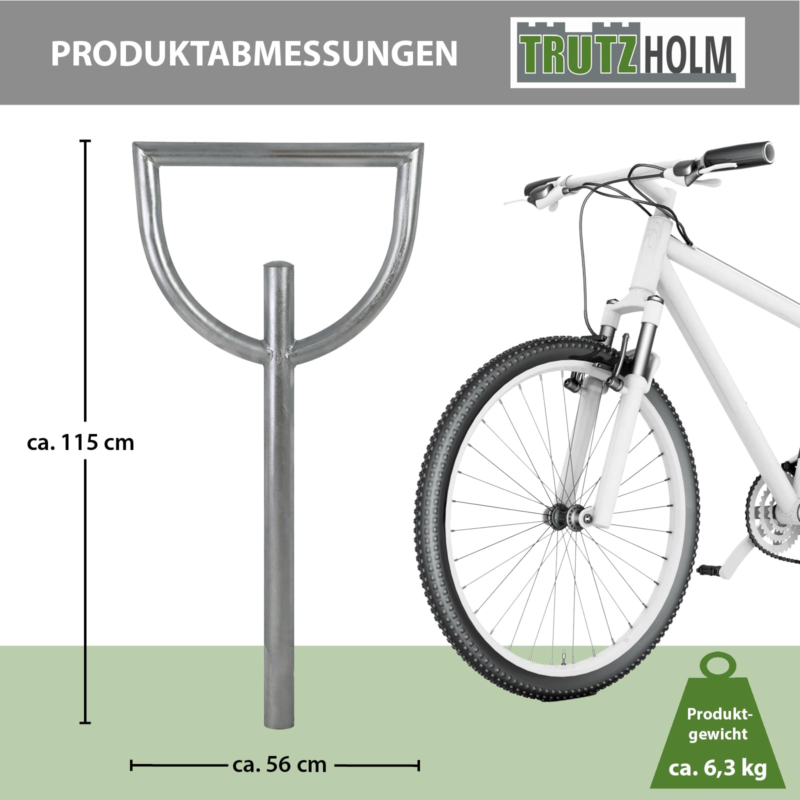 TRUTZHOLM Fahrradanlehnbügel 115x56 cm Stahl feuerverzinkt Rohrdurchmesser Ø 60 mm Fahrradständer zum Einbetonieren inkl. Bodenqueranker Parker Anlehnbügel Fahrradanlehner für 2 Fahrräder