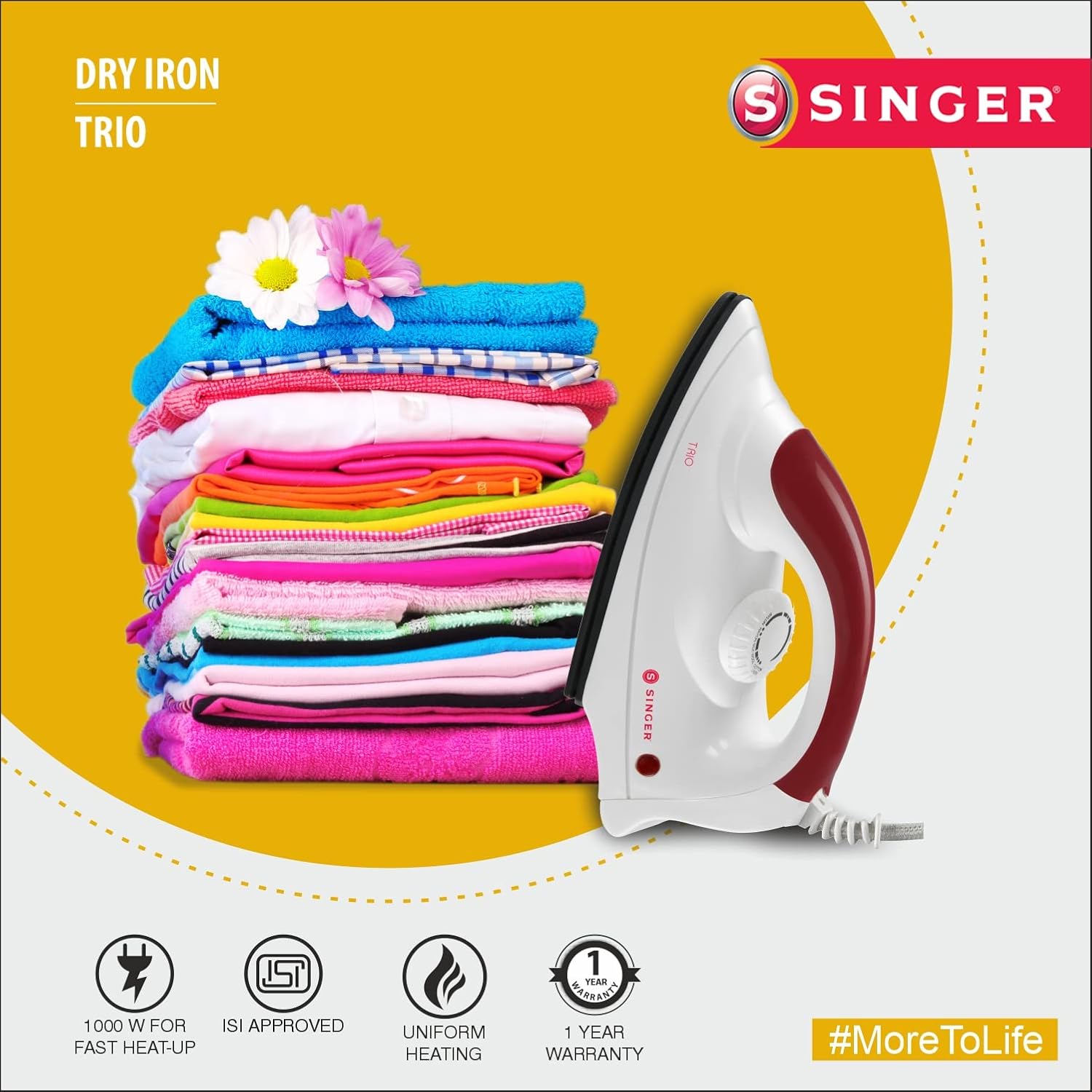 Singer TRIO Dry Iron with clothes, highlighting 1000W for fast heat-up, ISI approved, uniform heating, and 1-year warranty