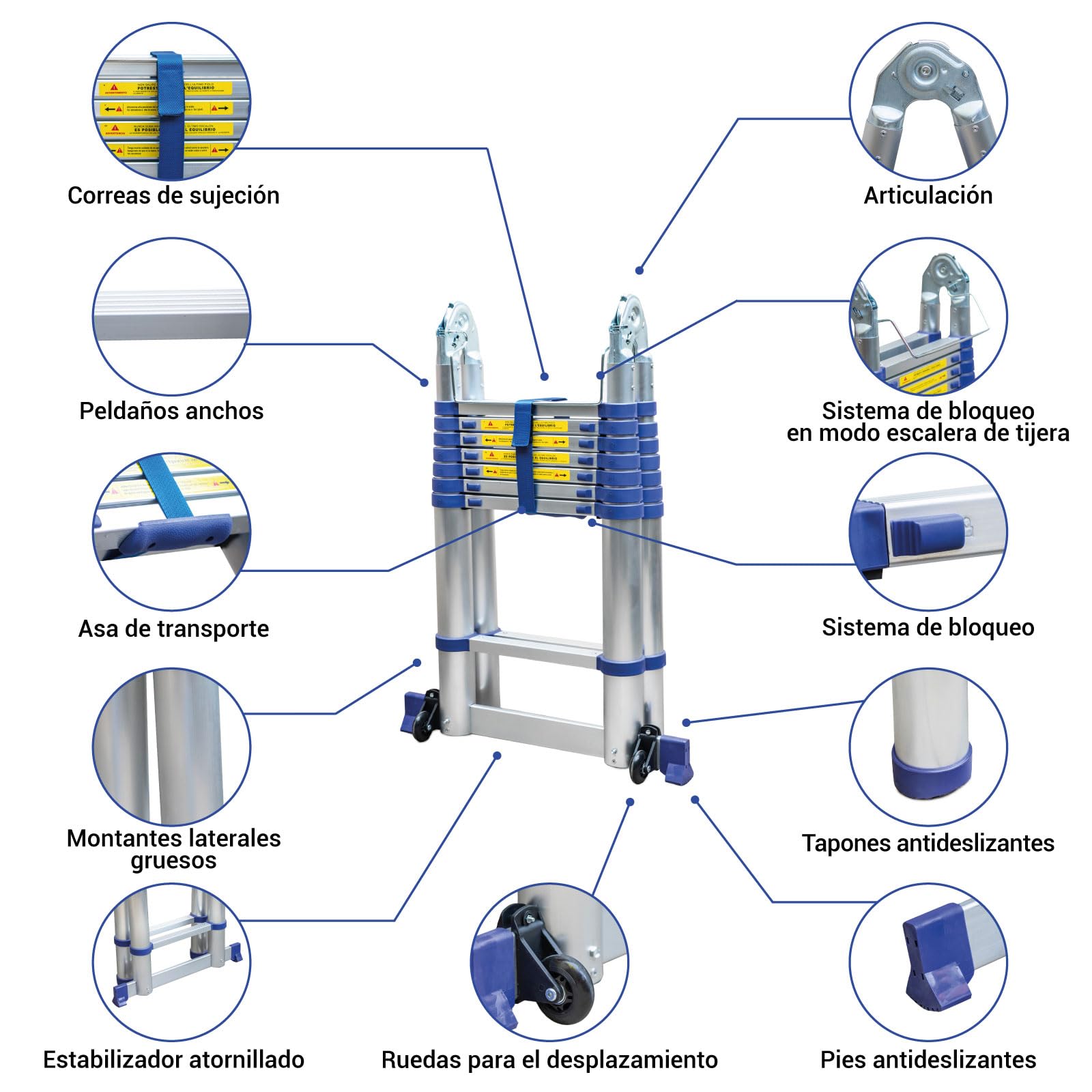 HOSTRÖM Escalera telescópica articulada de 5 m STEMPAKT, Escalera de 2 x 8 peldaños Plegable Profesional multifunción, Altura de Trabajo máx. 5,9 m, garantía de 5 años.