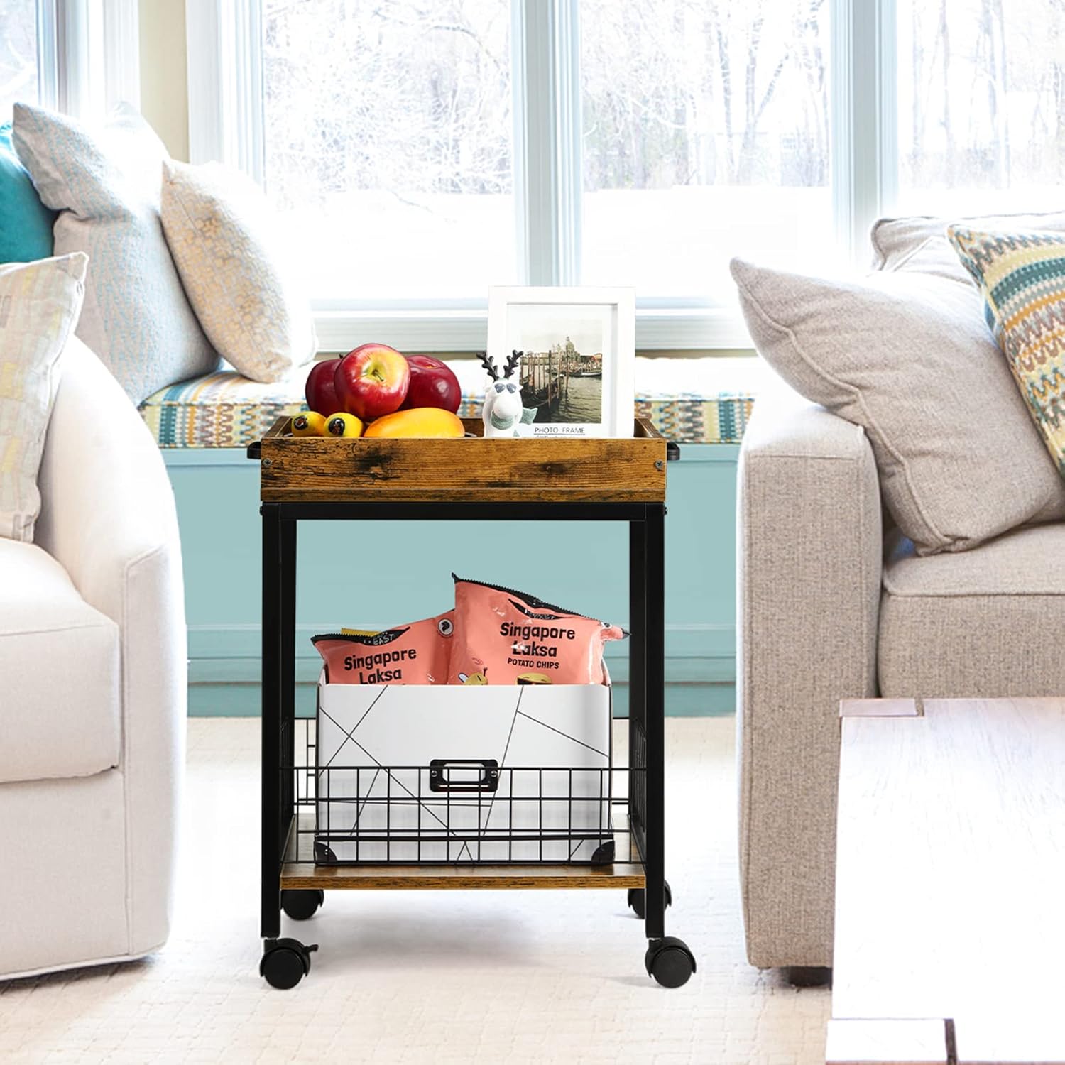 Fogein Side Table with Wheels,End Table with Removable Serving Tray, Industrial Retro Side Table Nightstand Storage Shelf, for Sofa Kitchen Living Room and Bedroom(Rustic Brown) : Home & Kitchen