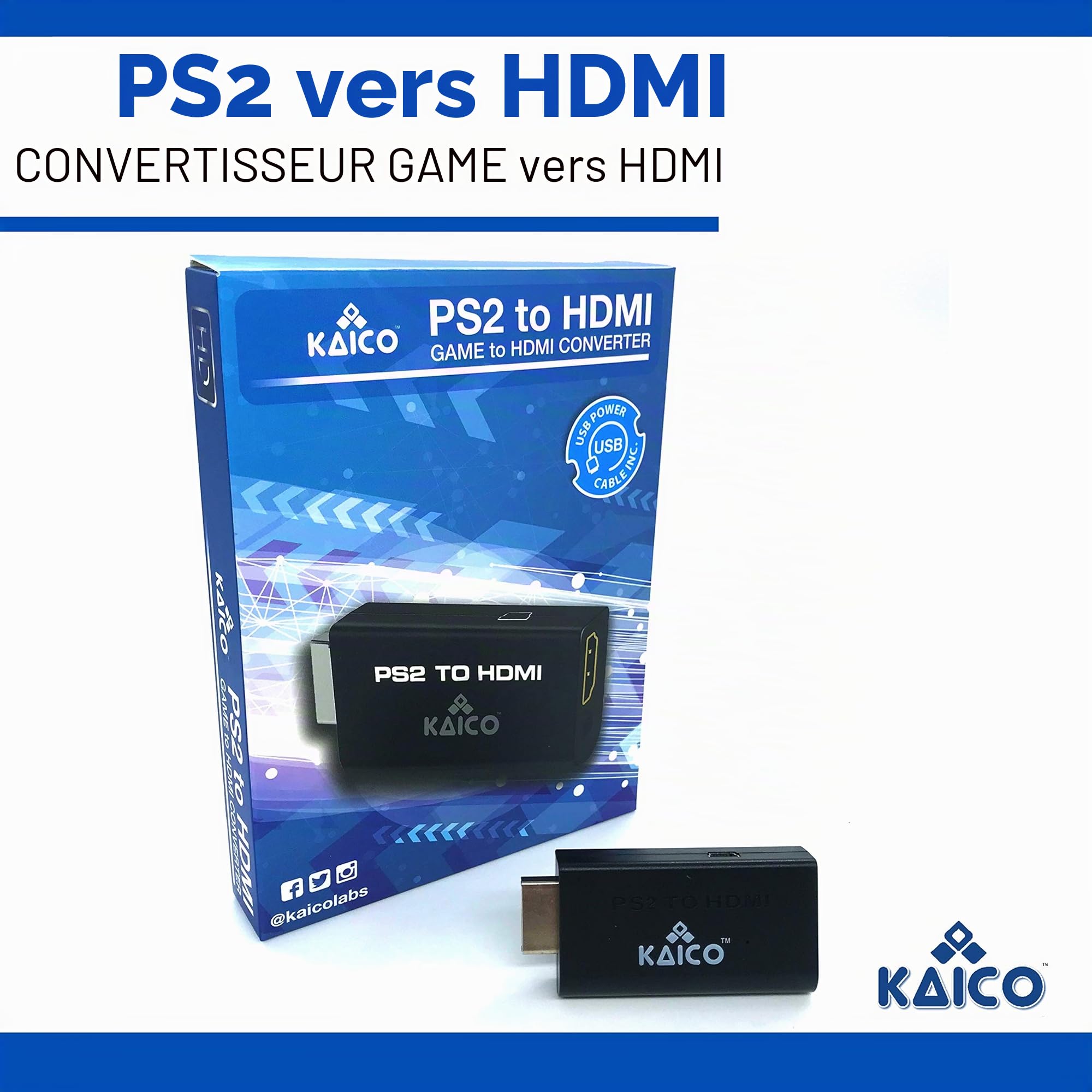 Kaico Edition - PS2 to HDMI Converter - Play PS2 on HDMI TV - Retro Gaming Adapter | Prend en charge 480i, 480p, 576i, 576p et 1080i, avec audio intégré, câble Micro USB et support 12 mois