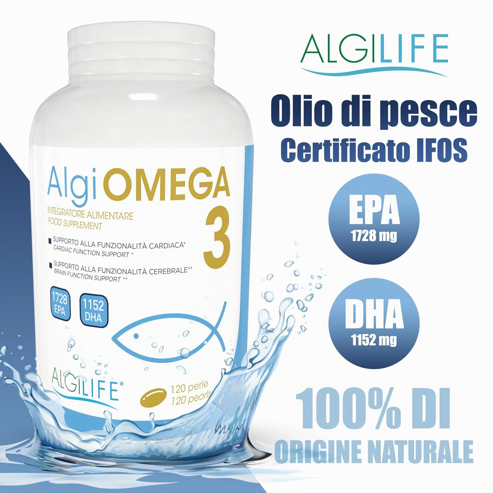 Omega-3 ALGILIFE (120 Perle, scorta 1-4 mesi), Omega 3 per cani e persone, Omega3 1200mg, Olio di Pesce Omega 3 Capsule, 432 EPA e 288 DHA con Vitamina E 5mg, Omega 3 Ifos