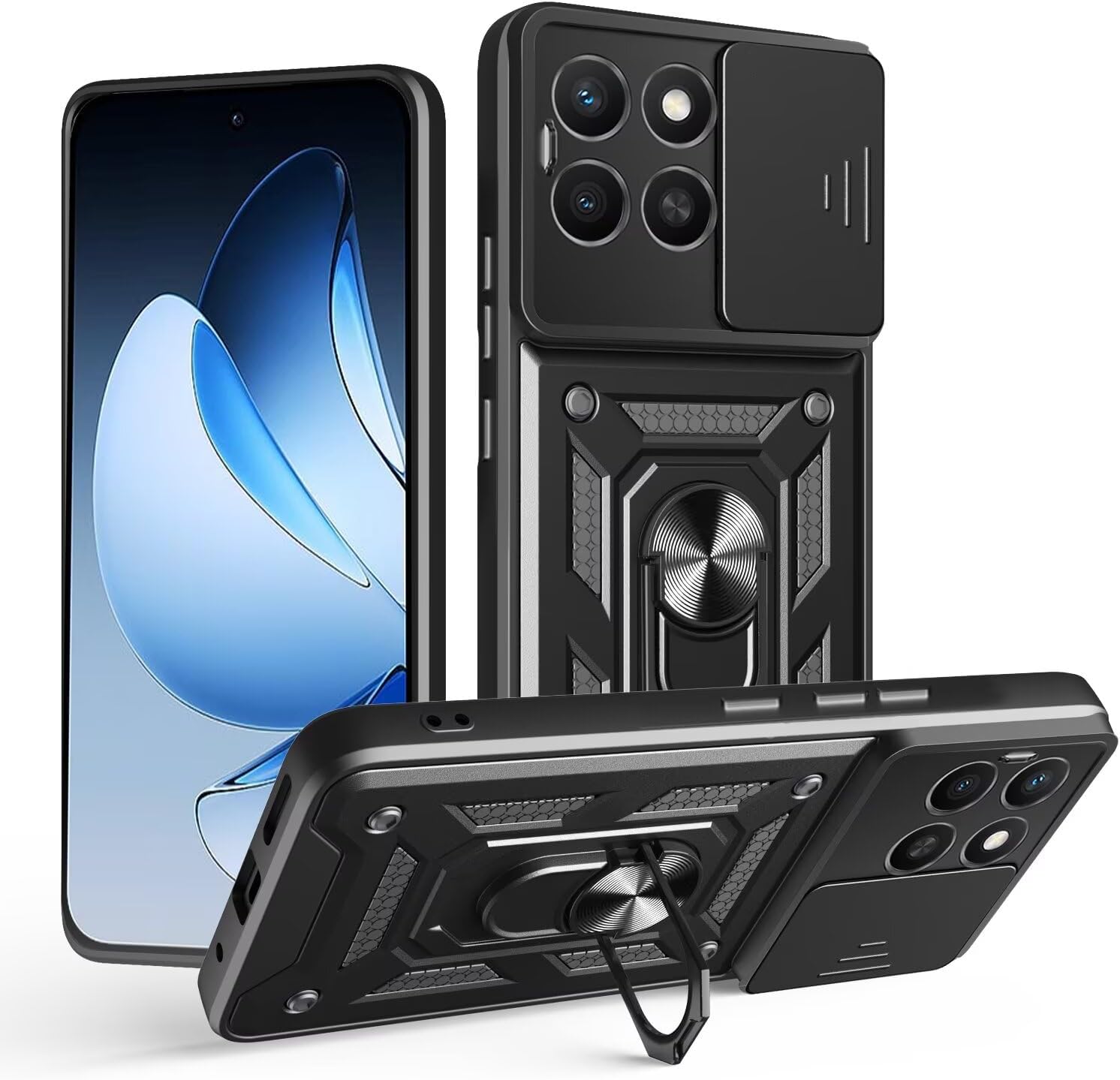 Custodia EASSGU Armor per HONOR 400 Smart (4G/5G) / HONOR X7d (6,77″ pollici), Cover Rigida con Supporto ad Anello in Silicone per PC con Base Magnetica – Nero