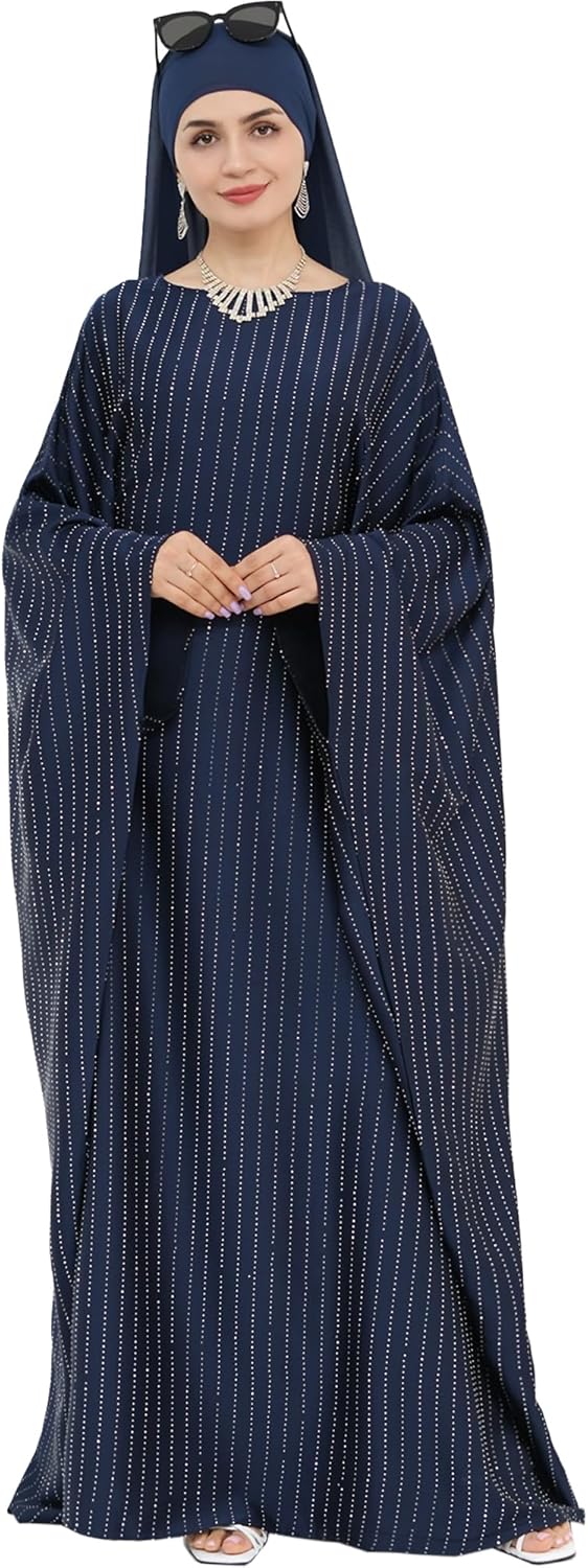 Muslim Abaya Dress 1Piece Bat Sleeve Kaftan Robe Women Islamic Maxi Dress Rhinestone Jilbab Eid Shiny Abaya(No scarf)