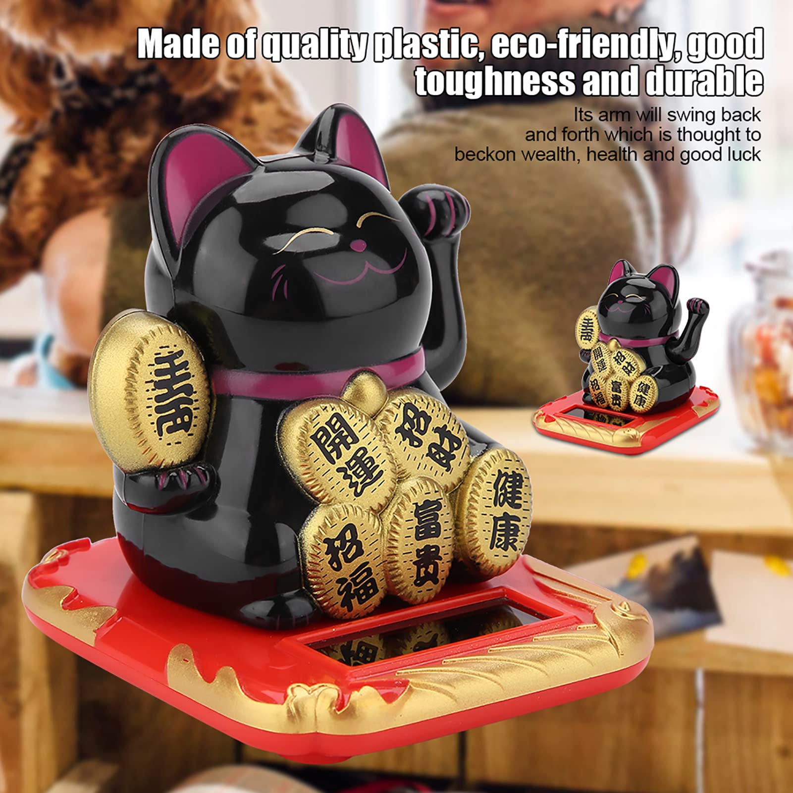 Fortune Lucky Wealth Welcoming Cat, Adorable Waving Beckoning Fortune Lucky Cat, Solar Powered Cute Cat with Waving Arm, Home Car Decor(Black)