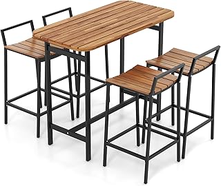 Tangkula 5 Piece Acacia Wood Bar Table Set, Outdoor Bar Height Table & Chairs with Metal Frame & Footrest, Patio Bar Table Set for 4, Patio Furniture Bistro Set for Deck, Garden & Poolside