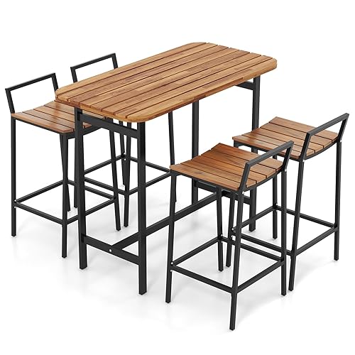 Tangkula 5 Piece Acacia Wood Bar Table Set, Outdoor Bar