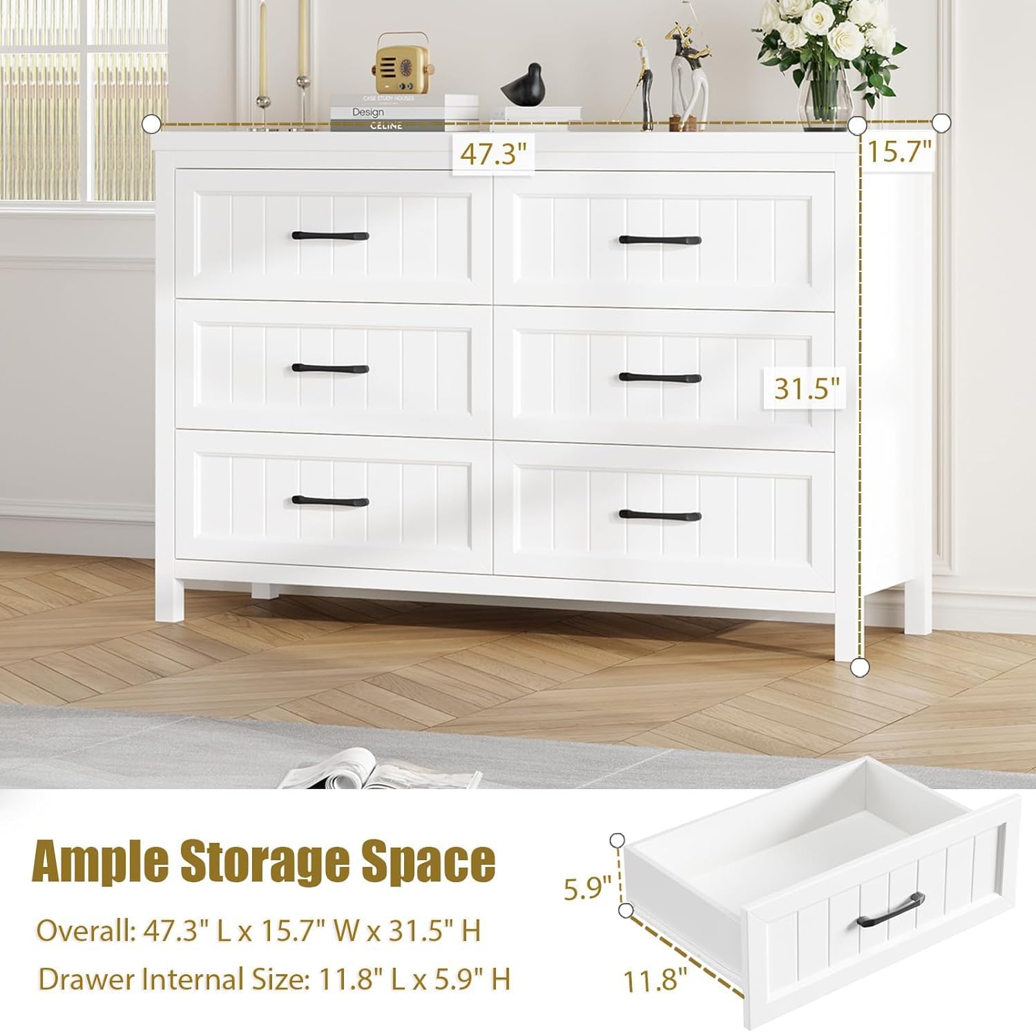 Dresser dimensions showing overall width, depth, and height, and internal drawer dimensions