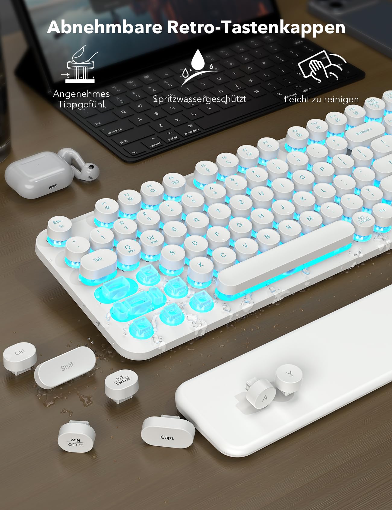 Sablute Tastatur Maus Set Kabellos QWERTZ mit beleuchteten Rundtasten | 105 Tasten, 7 Lichtfarben, magnetische Handballenauflage, USB-C aufladbar, 2,4 GHz USB Empfänger, 6-Tasten-Maus