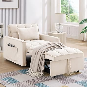 Antetek Sleeper Sofa Chair Bed, Convertible Velvet Single Pull Out Sofa Chair, Modern Tufted Living Room Reading Chair with Adjustable Backrest/Pillow for Small Spaces Apartment, Office, Beige